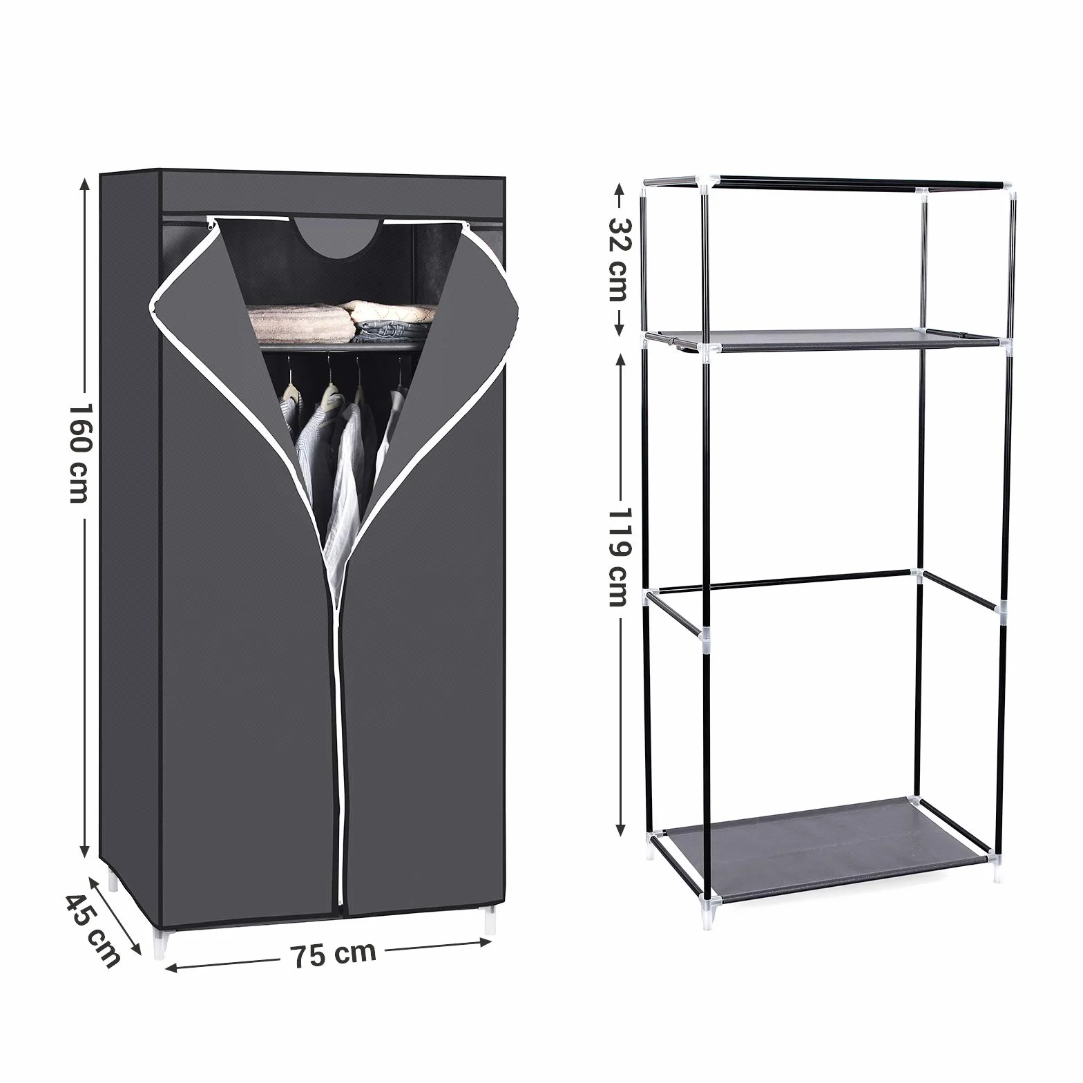 SONGMICS Szafa materiałowa składana z drążkiem 75x45x160 cm szara RYG83GY