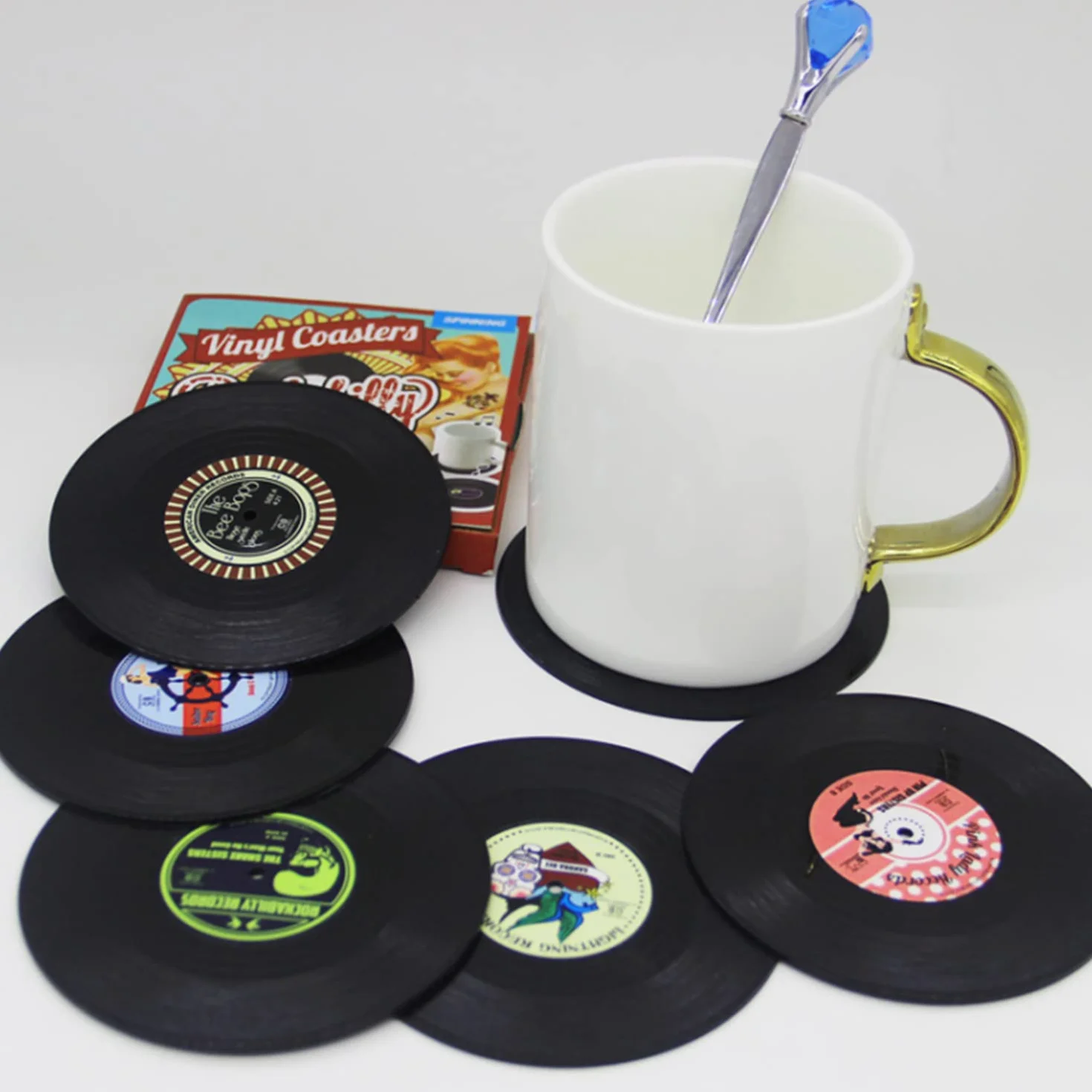 6 szt. retro podstawek w stylu płyt winylowych, podstawki w stylu płyt CD, antycieplne antypoślizgowe podstawki pod napoje do kawy i napojów, zastawa stołowa, antypoślizgowe podstawki