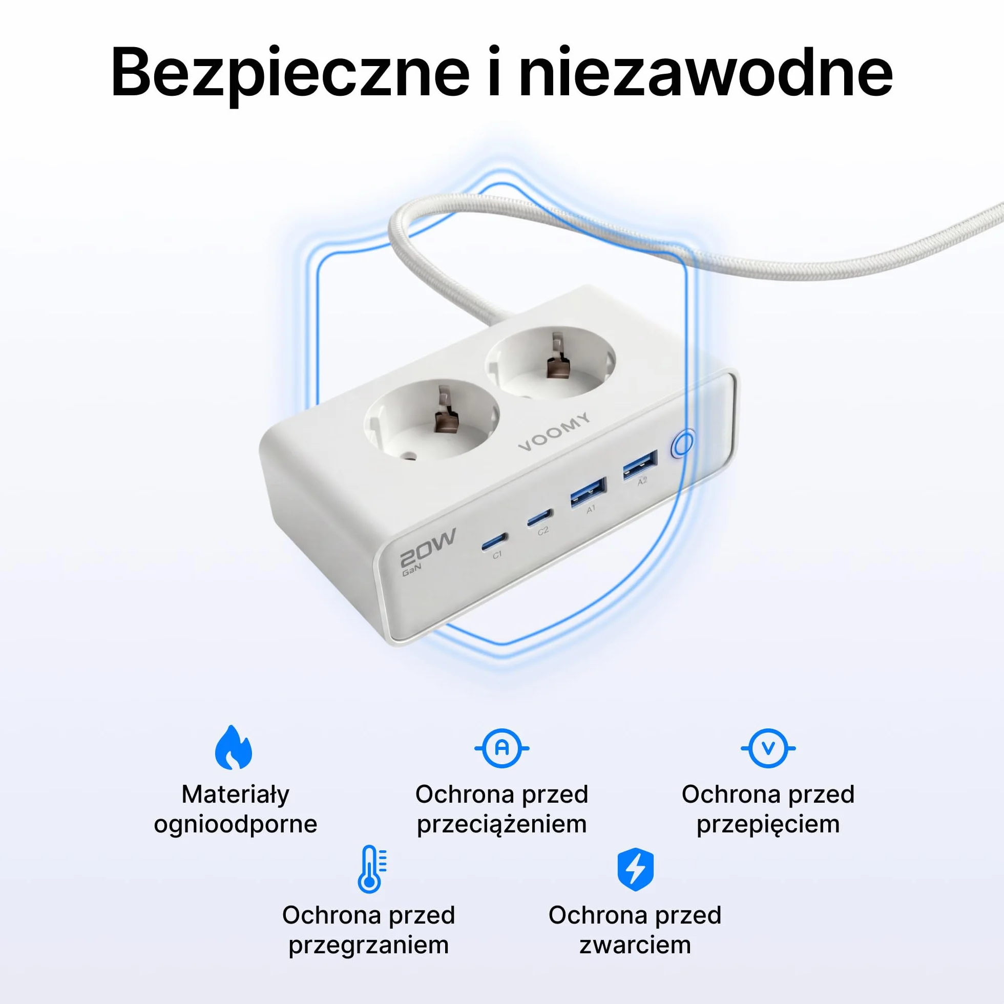 Voomy Listwa Zasilająca z Portami USB 20W, Ochrona przed Przepięciami, Przeciążeniem i Zwarciem, Zabezpieczenie Bezpieczeństwa, 2 Metry (Biały)