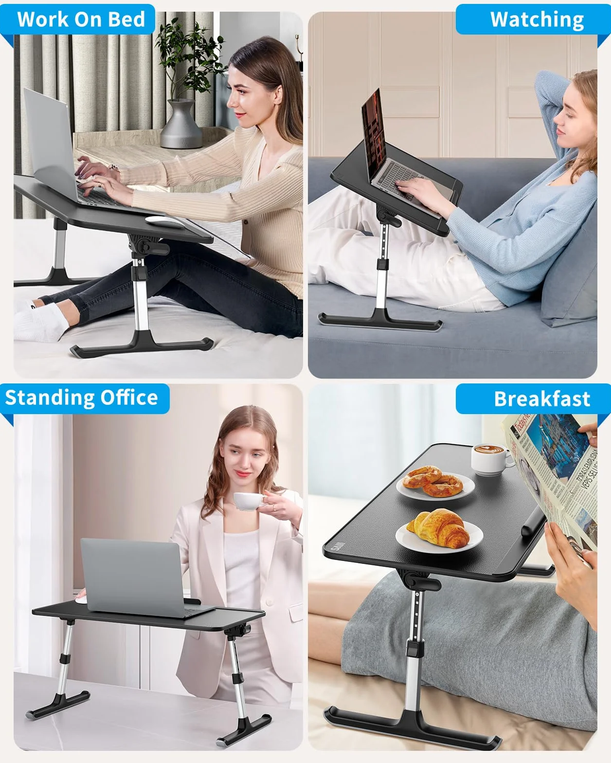 Biurko na kolano, stolik do łóżka, grube, stabilne nóżki, regulacja wysokości i kąta, wystarczająca ilość miejsca na mysz, laptop do 17 cali, do biura domowego, śniadania, gabinetu (czarny, 52 x 30 cm