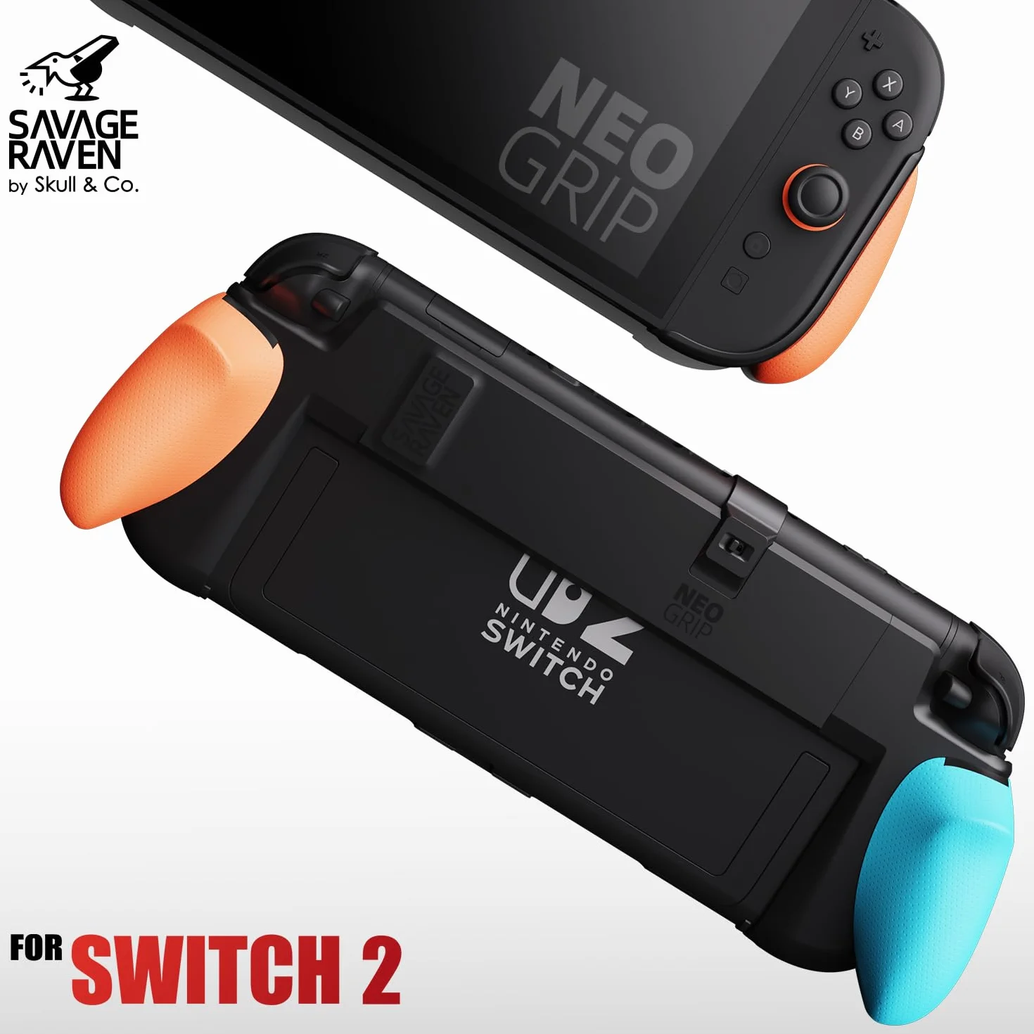 Savage Raven by Skull & Co. Zestaw NeoGrip na Switch 2: Ergonomiczna twarda obudowa z wymiennymi uchwytami [pasuje do wszystkich rozmiarów dłoni] [z futerałem] - czarny