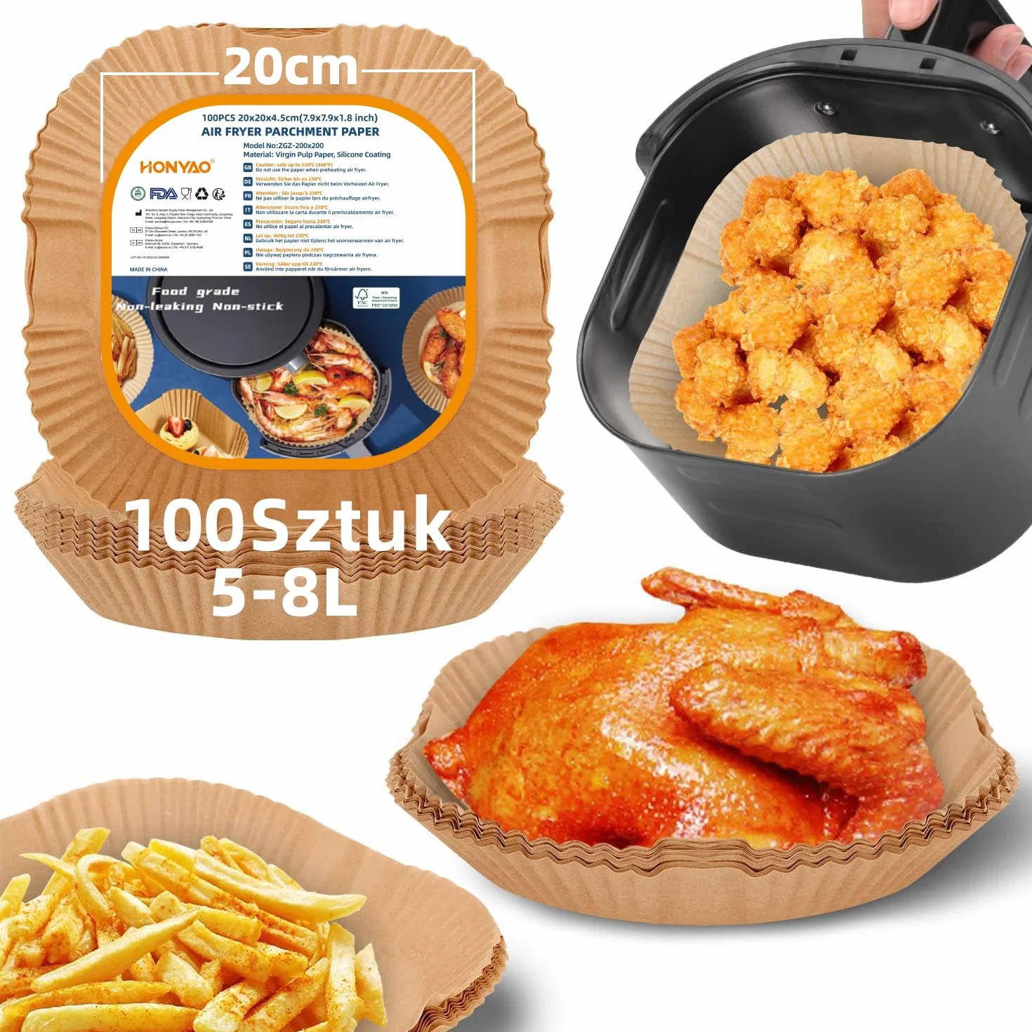 HONYAO Frytkownica Papieru do Pieczenia 100 Sztuk 20x20 cm Pergaminowy Akcesoria do Airfryera