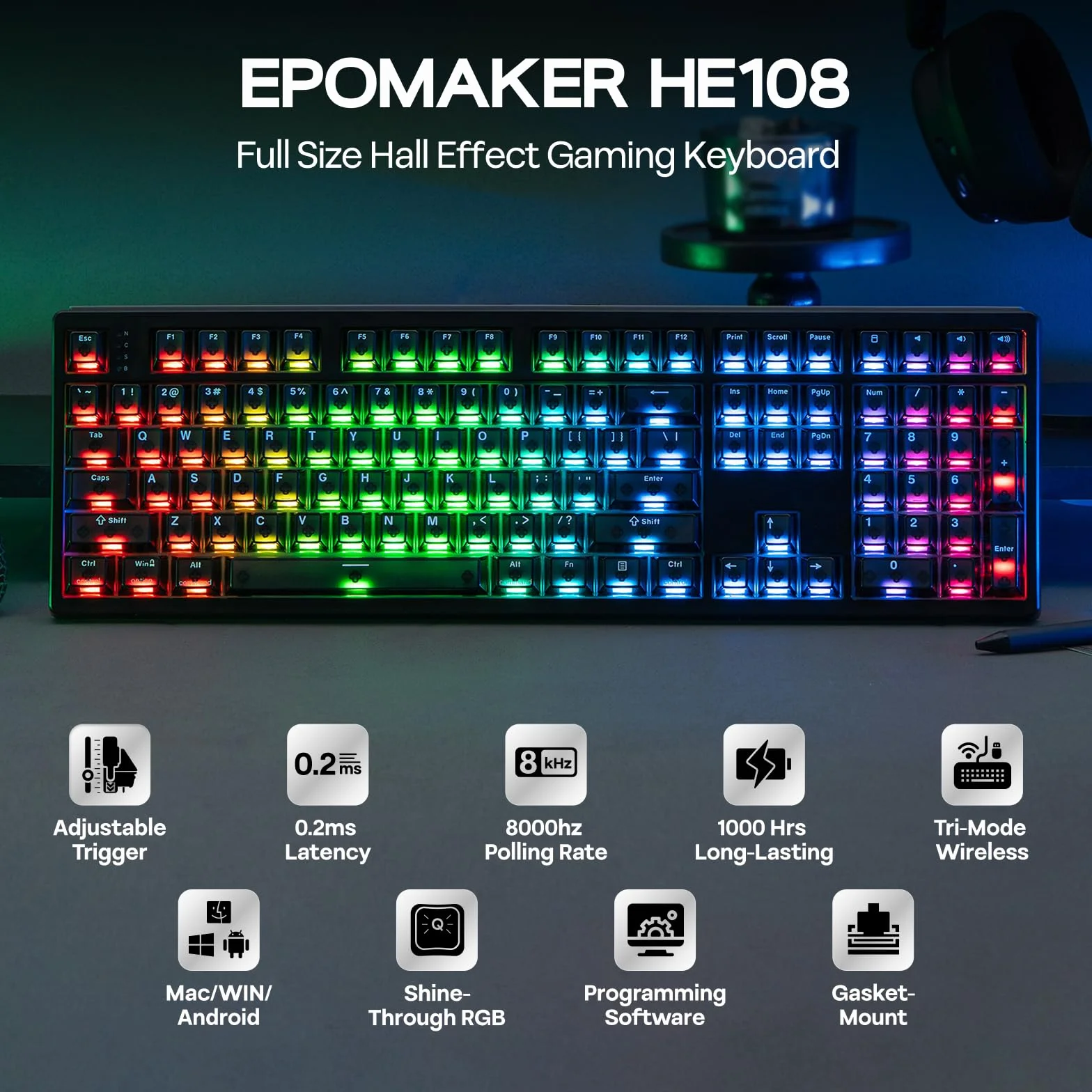 EPOMAKER HE108 Bezprzewodowa klawiatura do gier, zapytania 8K i 10000 mAh, SOCD i DKS, duża klawiatura magnetyczna Halla z szybkim zwalnianiem, niestandardowy sterownik, RGB, PBT, QWERTY (czarna)