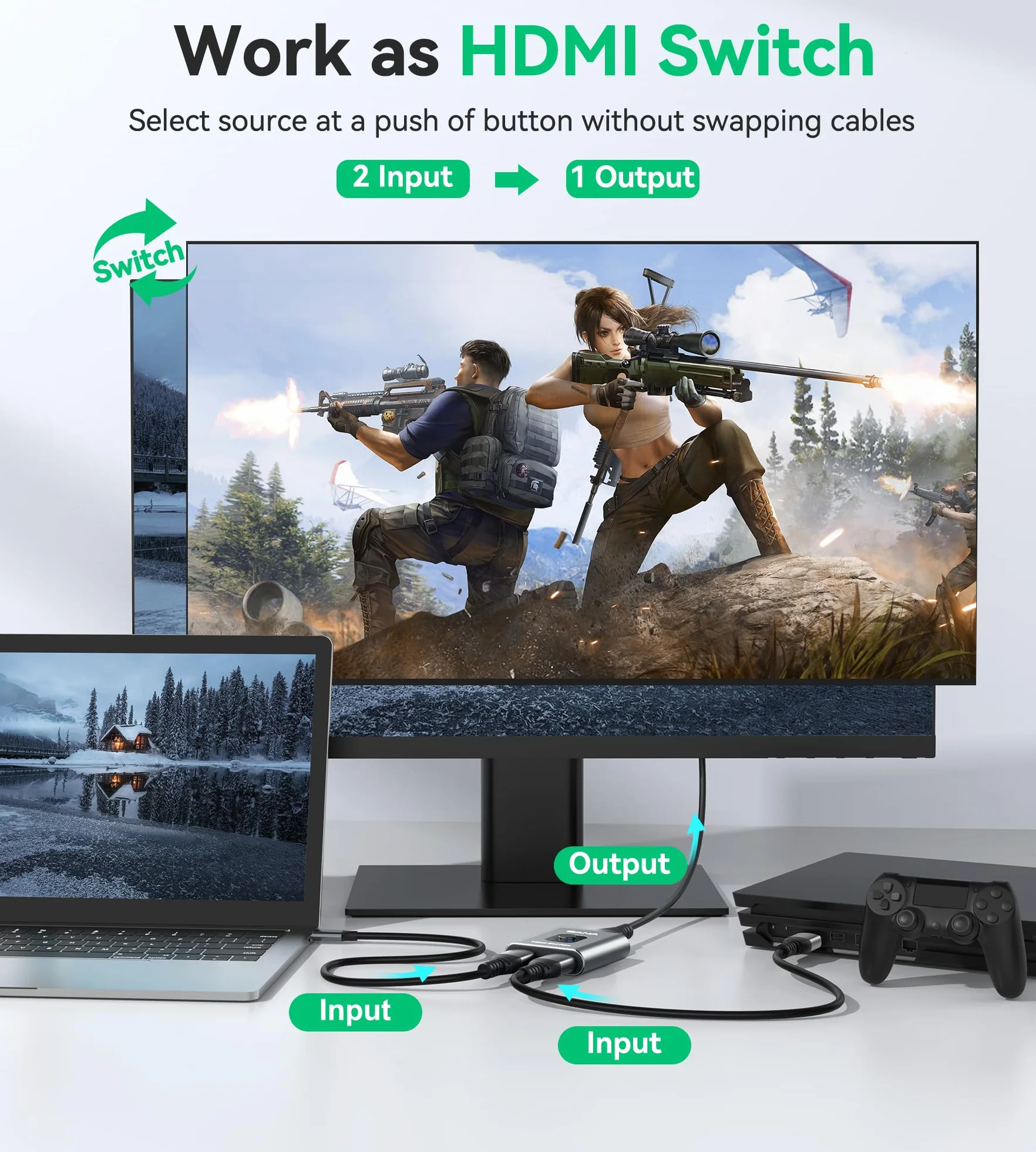 GANA aluminiowy dwukierunkowy przełącznik/rozdzielacz HDMI 4K (1 wejście i 2 wyjścia lub 2 wejścia i 1 wyjście), ręczny przełącznik HDMI obsługuje formaty HD, 4K i 3D dla HDTV / Fire Stick / Xbox . PS3 / PS4 (kolor losowy)