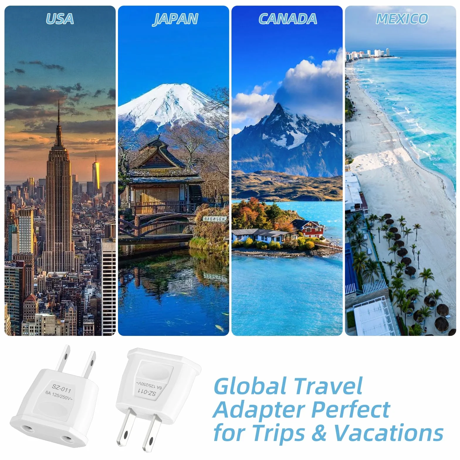 4 adapterów podróżnych, adapter UE na USA, wtyczka podróżna dla USA, Chiny, Kolumbia, Japonia, Kanada, Meksyk