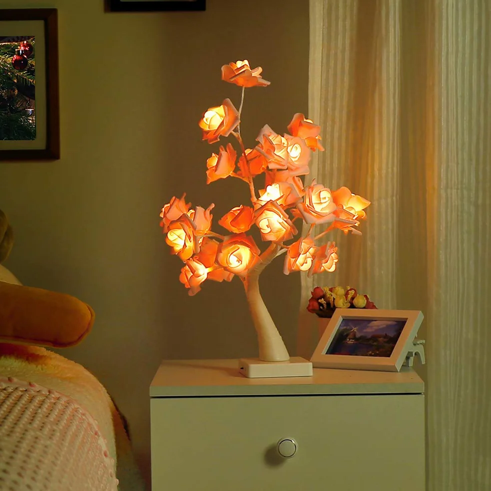 Lampa na biurko róża bonsai drzewo lampa zasilana bateriami dekoracyjne światło 24 LED sztuczny kwiat bonsai lampki choinkowe, na Dzień Matki, Boże Narodzenie,