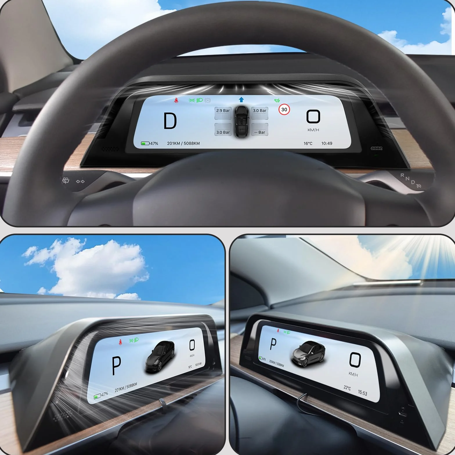 Wyświetlacz Head-Up z otworem wentylacyjnym do Tesli Model Y 2019-2024 i Model 3 2017-2023 Ekran 9,66" - bezprzewodowy CarPlay Android Auto, martwy punkt, ekran antyodblaskowy