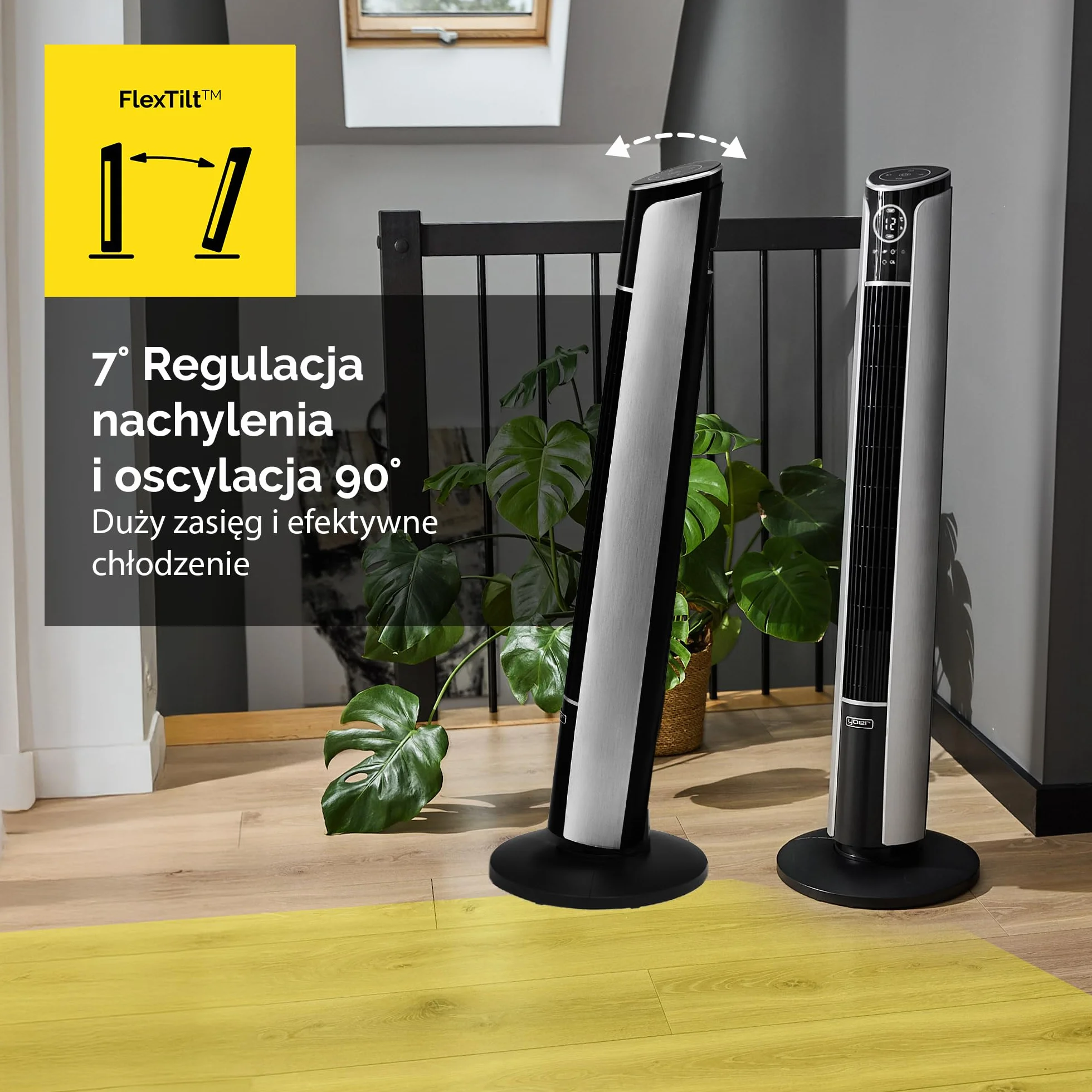 Yoer 29 dB Cichy wentylator kolumnowy, Jonizator, 10 m Zasięg nawiewu, Regulacja kąta nachylenia, 12 poziomów prędkości, 4 tryby pracy, 12h Timer, 90° Oscylacja, Pilot, Wi-Fi, Verto TF01S, szary