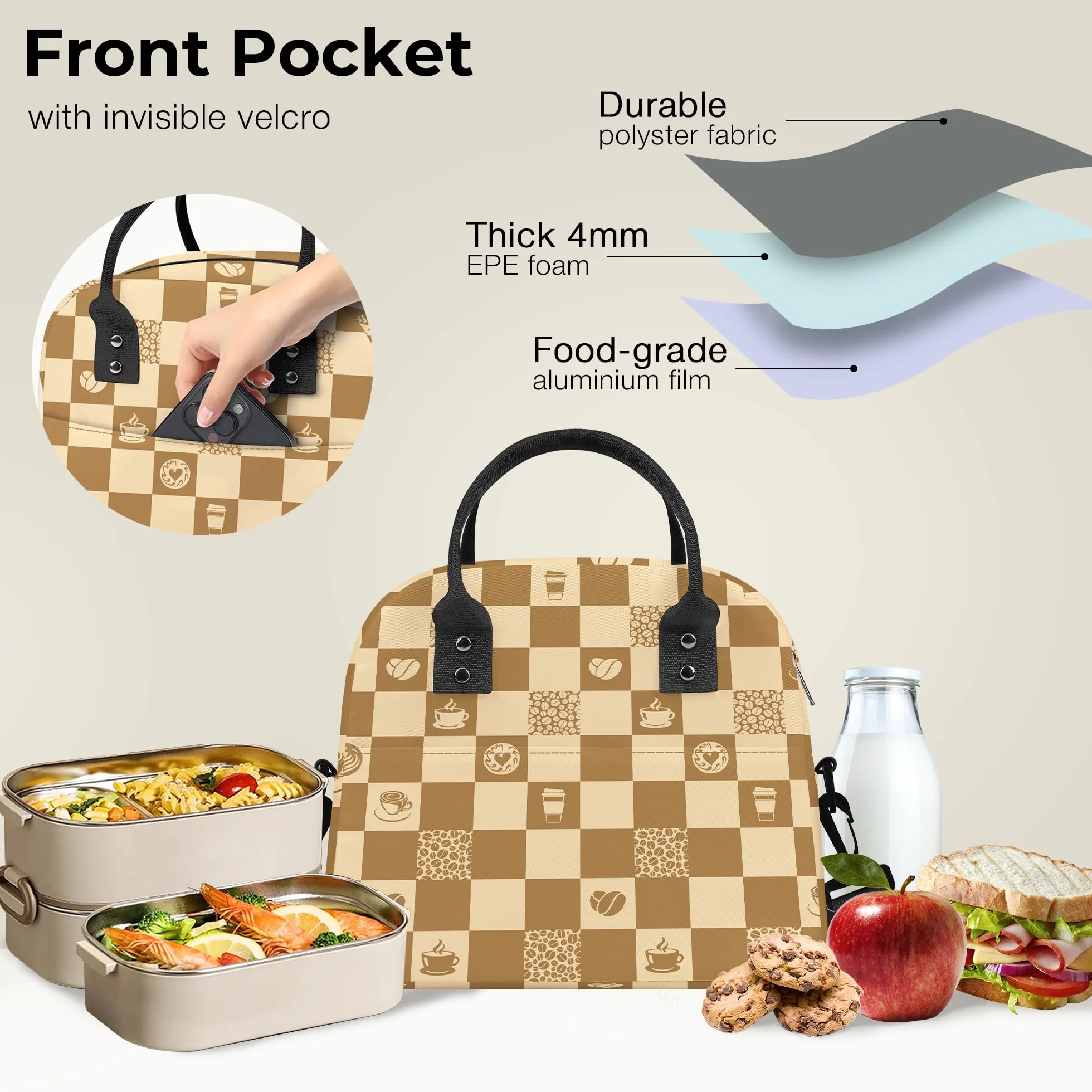 Clastyle Izolowana torba na lunch geometryczna duża torba na lodówkę z paskiem na ramię, brązowa