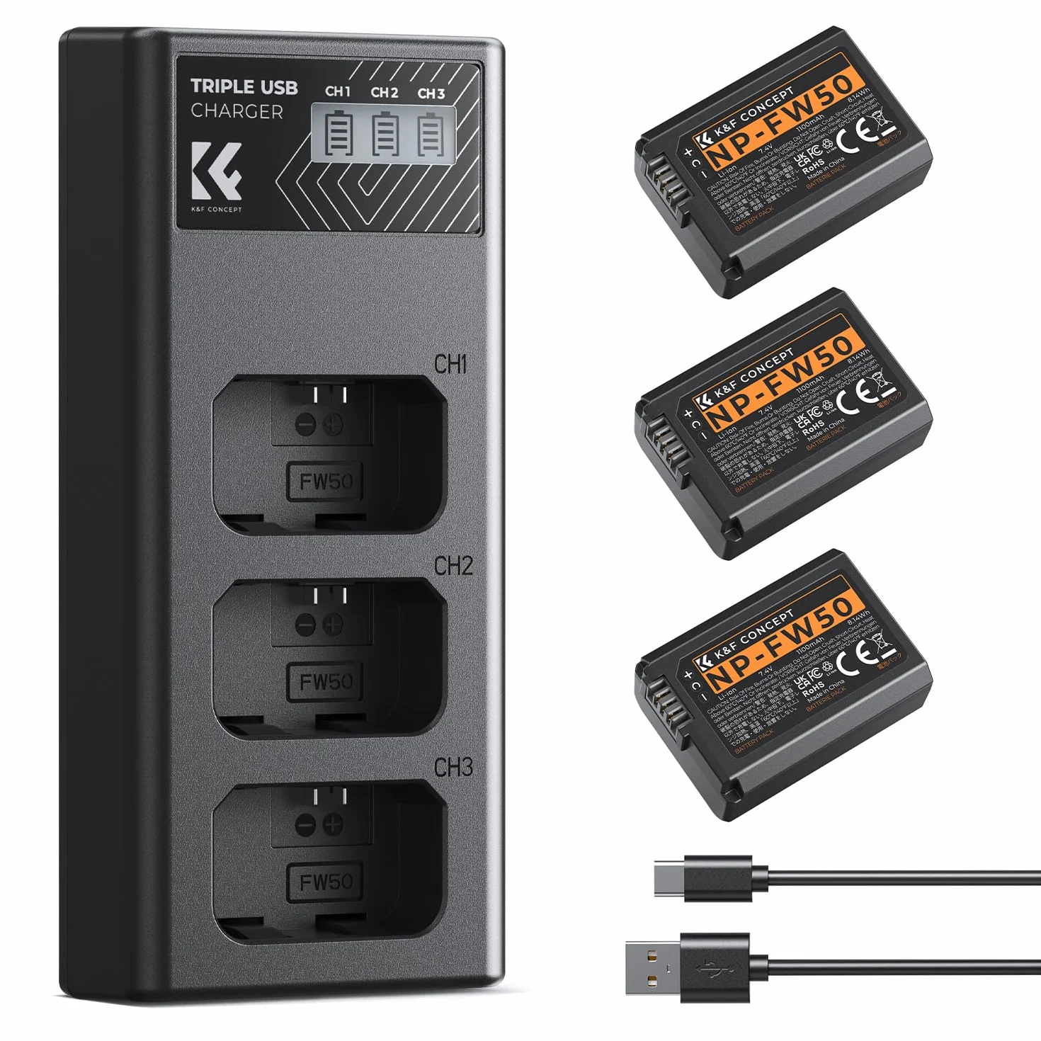 K&F CONCEPT Bateria NP-FW50 1100 mAh (zestaw 3 sztuk) i zestaw ładowarek LCD z trzema gniazdami do Sony ZV-E10, Alpha A6000, A6300, A6400, A6500, A5000, A5100, a7, a7II, a7R, a7RII, a7S, a7SII