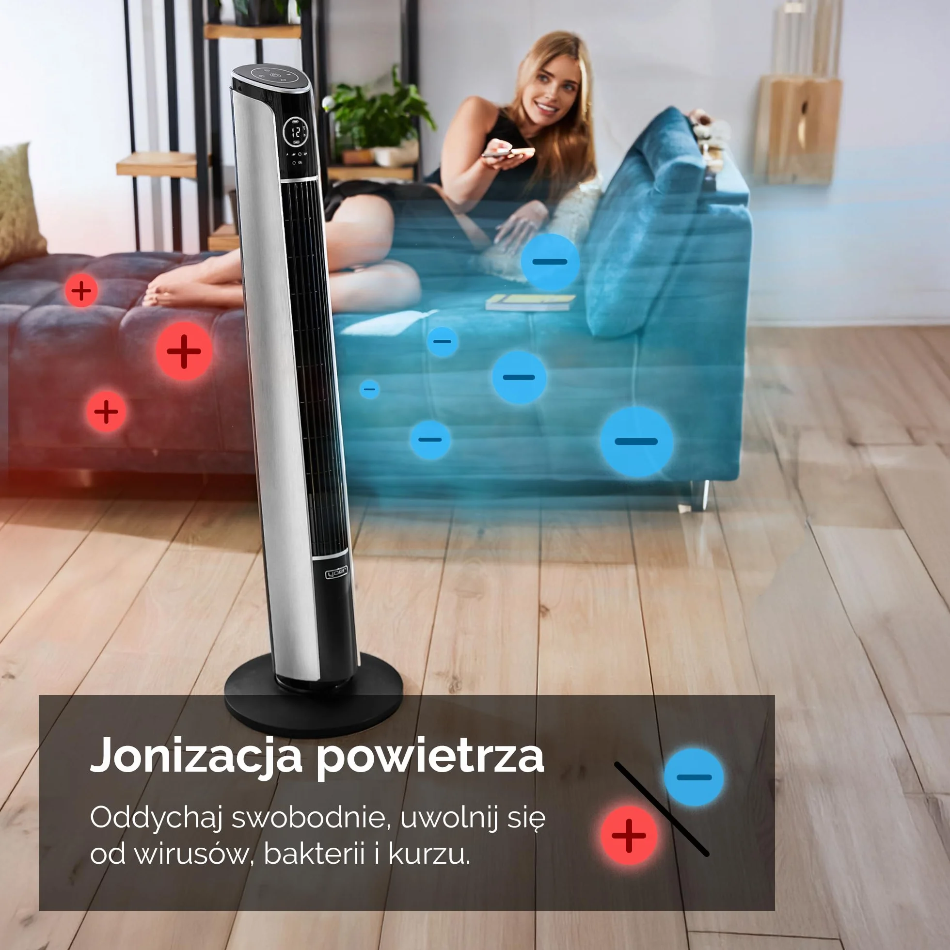 Yoer 29 dB Cichy wentylator kolumnowy, Jonizator, 10 m Zasięg nawiewu, Regulacja kąta nachylenia, 12 poziomów prędkości, 4 tryby pracy, 12h Timer, 90° Oscylacja, Pilot, Wi-Fi, Verto TF01S, szary
