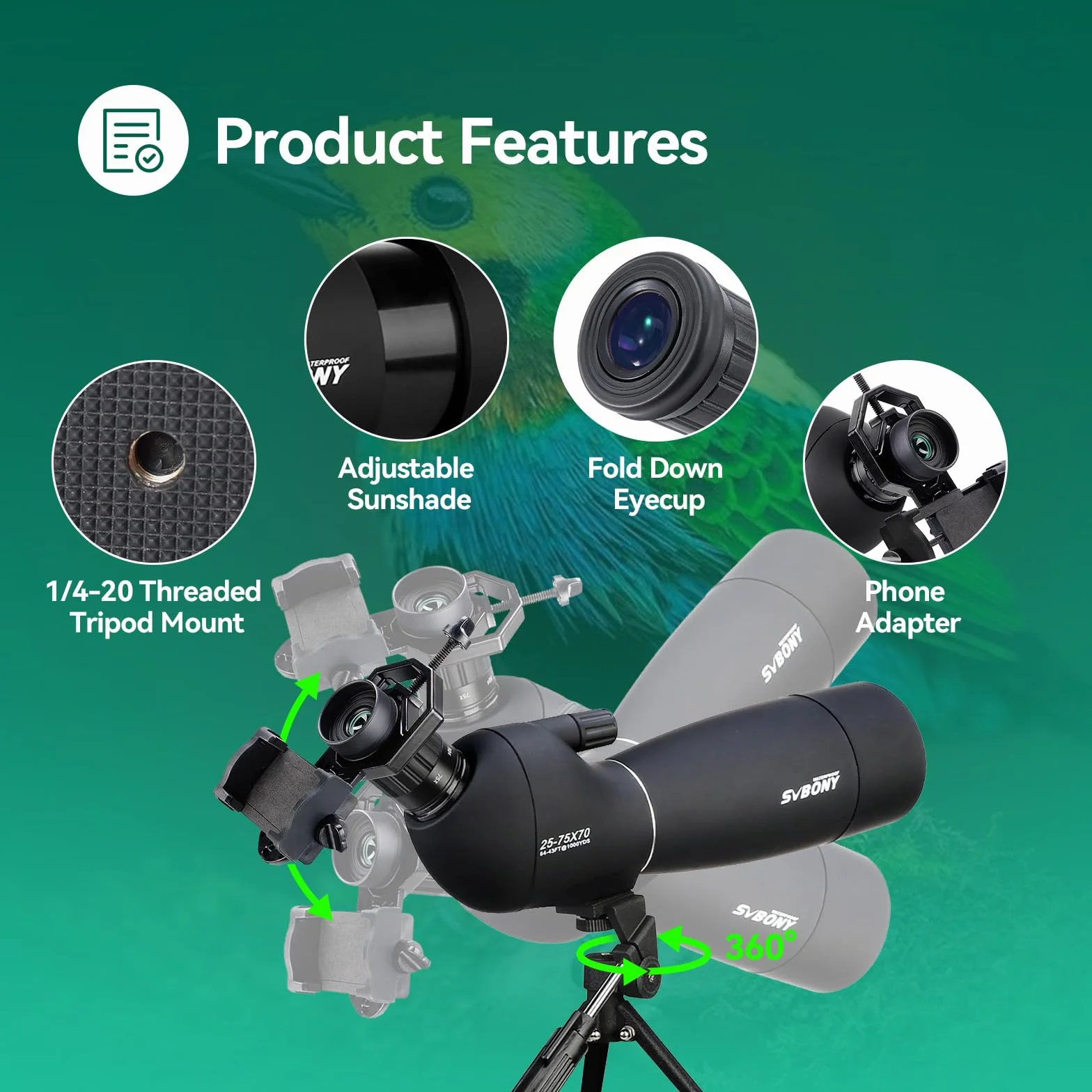 SVBONY SV28 25-75x70 Spotting Scopes, HD Spotting Scope with Tripod, Long Range Spotter Scope with Phone Adapter for Bird Watching, Target Shooting