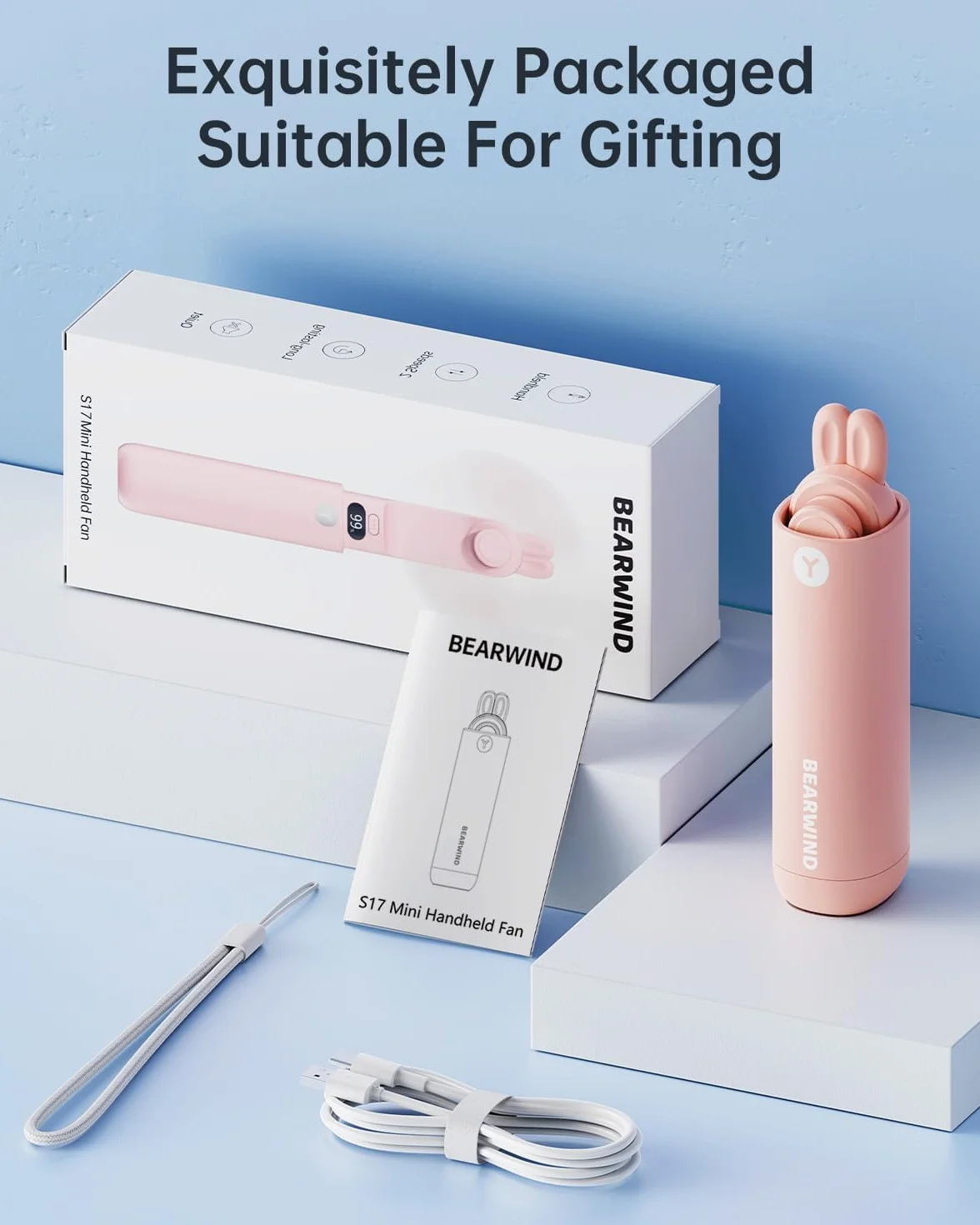 Wentylator ręczny, mini przenośny wentylator ręczny, zasilanie bateryjne, wyświetlacz LED, mały wentylator podróżny z możliwością ładowania przez USB z przenośną ładowarką dla kobiet, dziewcząt