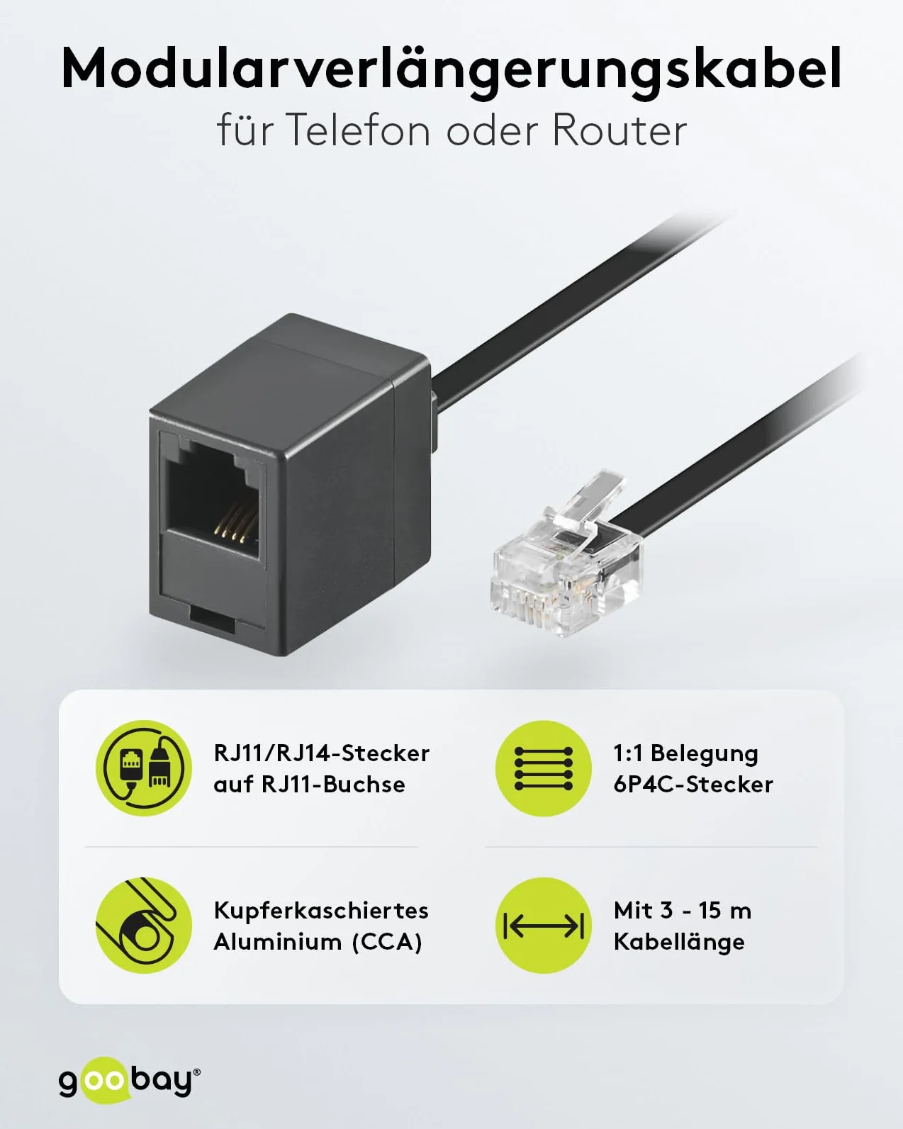 Goobay 68258 Modułowy kabel przyłączeniowy 15 m, czarny, wtyczka RJ11/RJ14 (6P4C) na gniazdo RJ11 (6P4C)