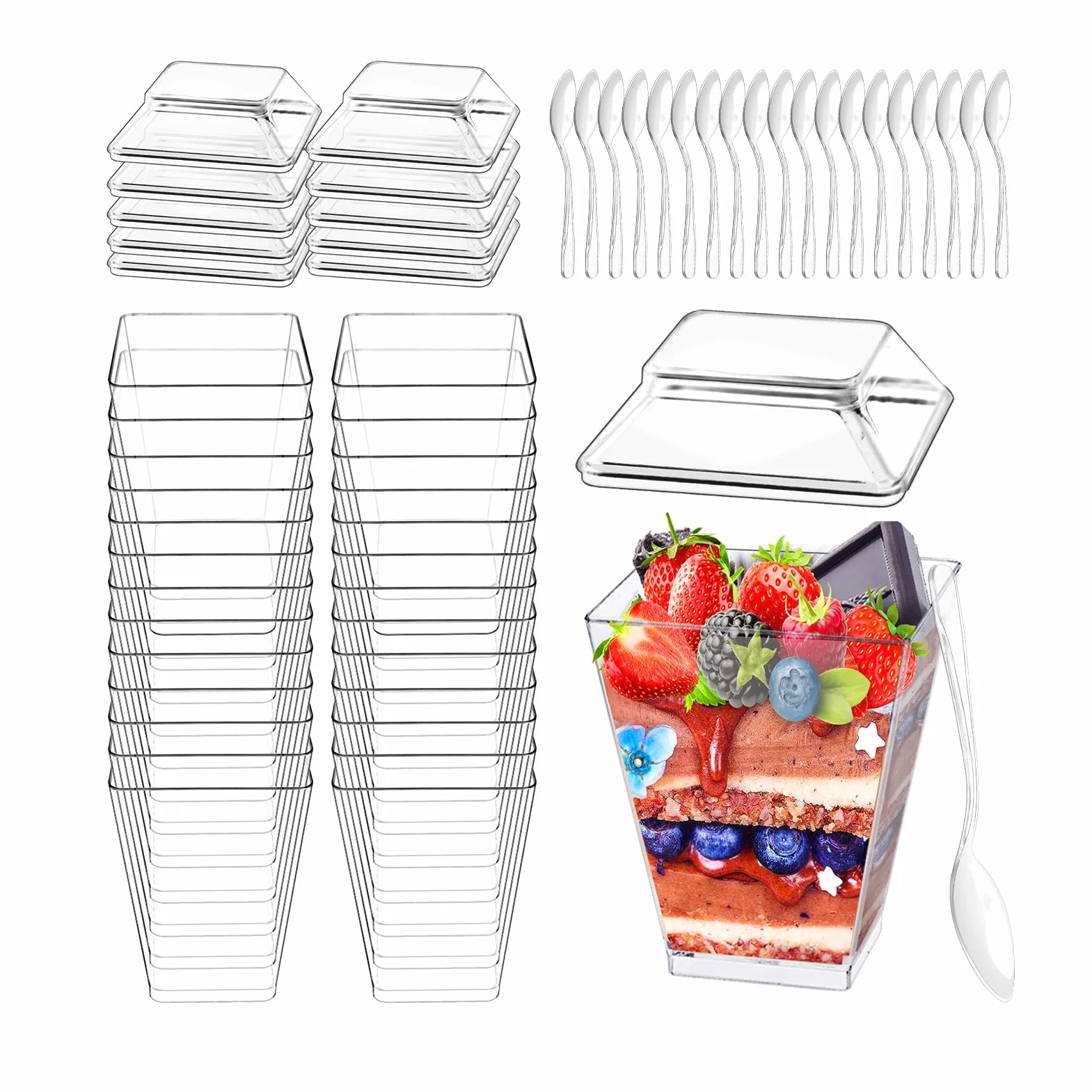 Plastikowe kubki deserowe 160 ml kwadratowe wielokrotnego użytku 40 sztuk z łyżeczkami i pokrywką