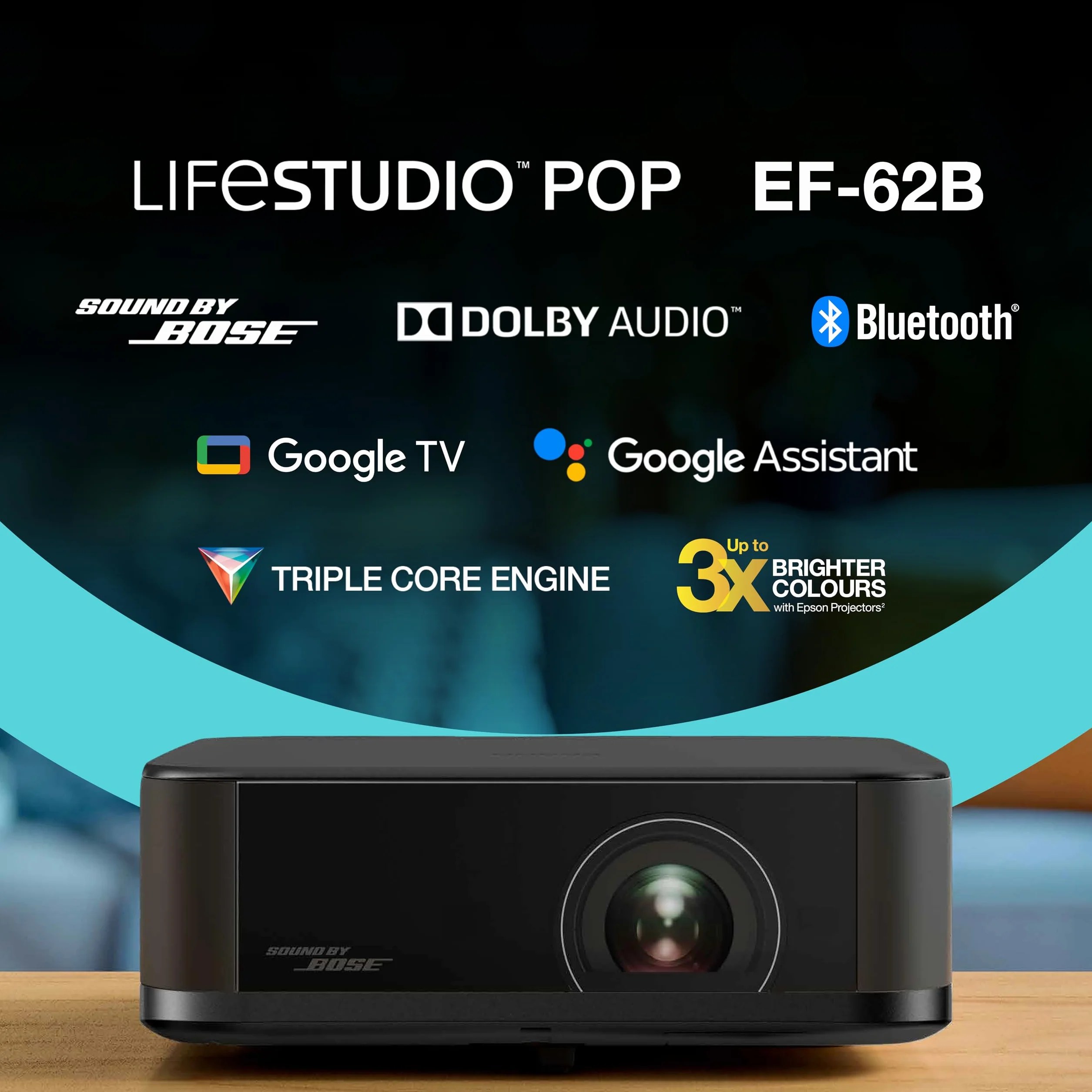 Epson Lifestudio Pop EF-62B czarny metaliczny przenośny inteligentny projektor, Sound by Bose, Google TV, 4K Pro-UHD, do użytku wewnątrz/na zewnątrz, 5 lat