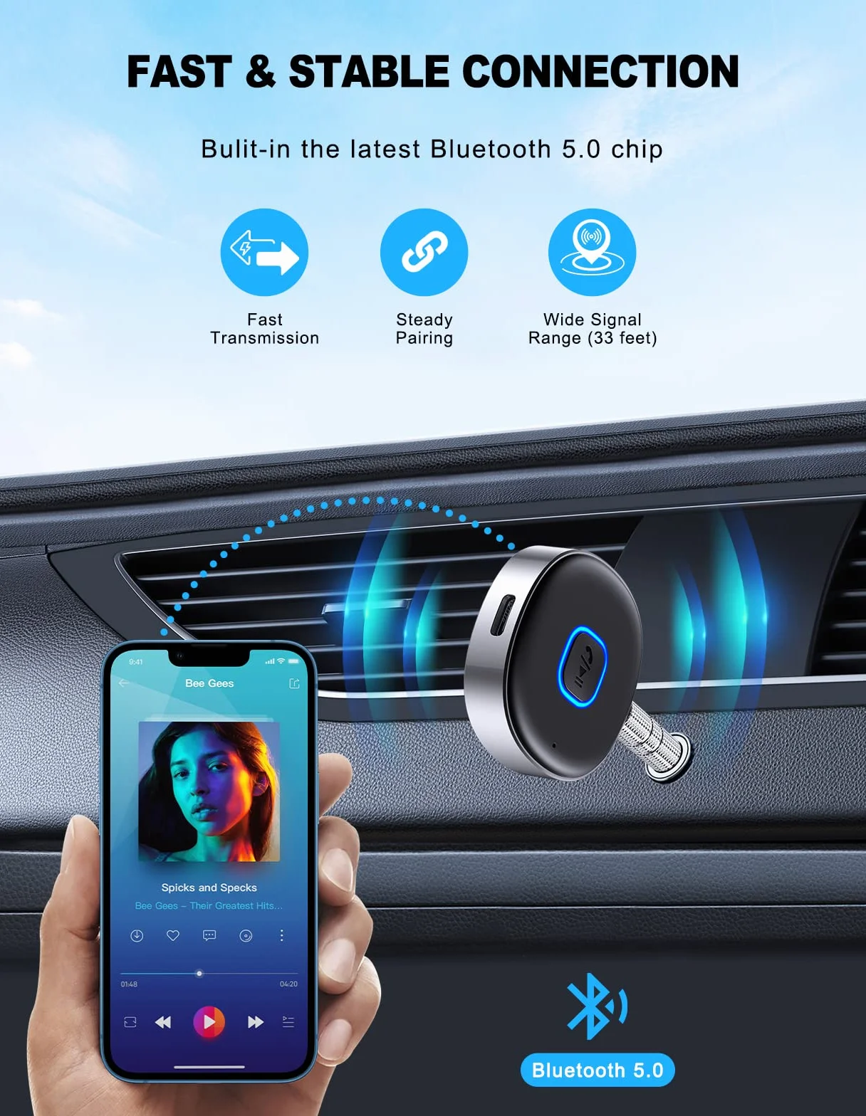 Mohard Samochodowy adapter AUX 3,5 mm, mini Bluetooth 5.3 Wzmacniacze samochodowe do stereo/głośników/słuchawek przewodowych, adapter samochodowy Bluetooth AUX, połączenia głośnomówiące, podwójne