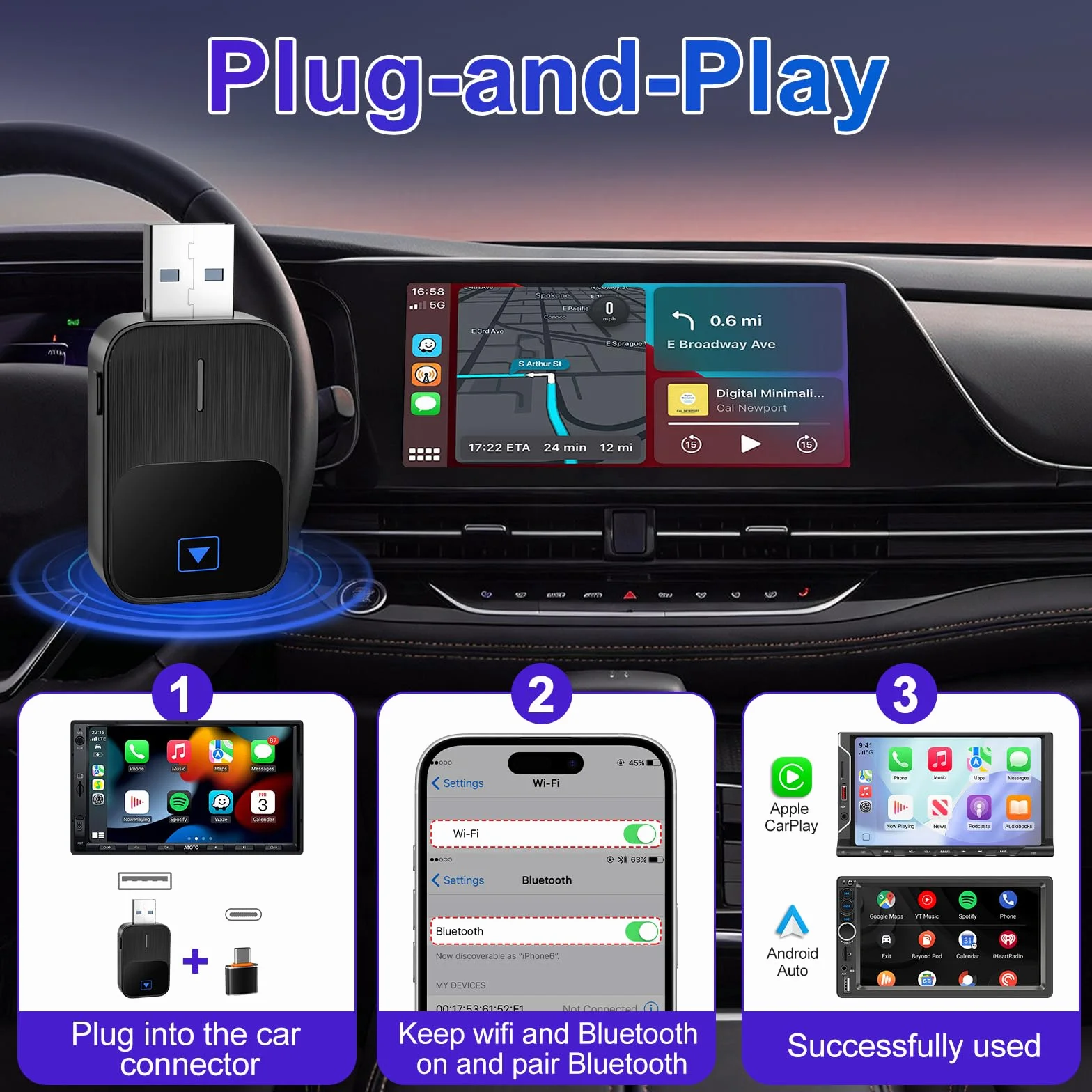 Mineup Adapter bezprzewodowy CarPlay, bezprzewodowy adapter Android Auto & Carplay, adapter bezprzewodowy 2 w 1, Plug and Play, kompatybilny z iOS 10+ i Android 11+, stabilne połączenie