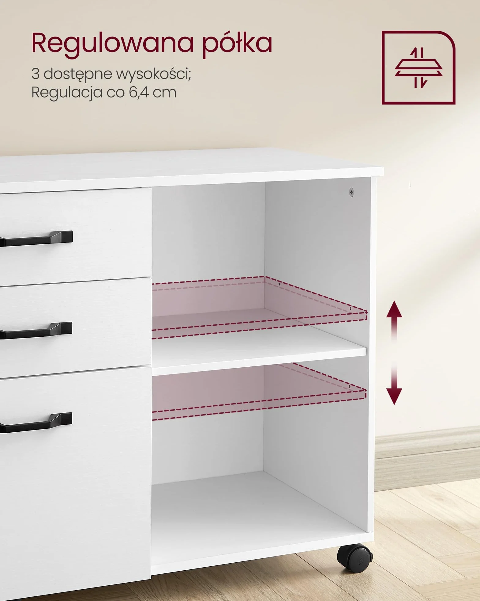 VASAGLE kontener na kółkach z 3 szufladami na dokumenty A4 stojak na drukarkę biały