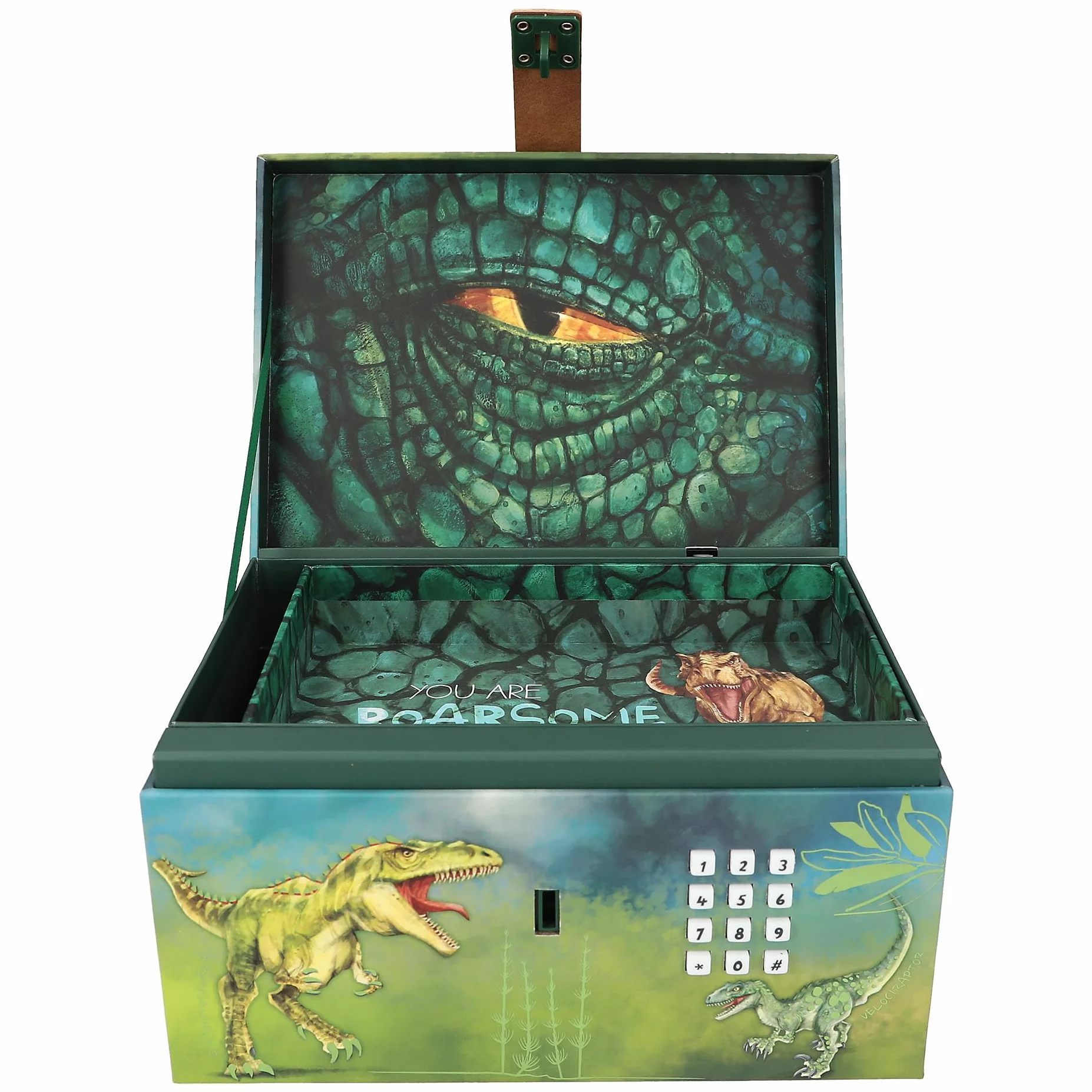 Depesche 12115 Dino World - Skrzynia skarbów z kodem, dźwiękiem i światłem, ok. 15 x 20 x 12,5 cm, pudełko na małe skarby i sekrety