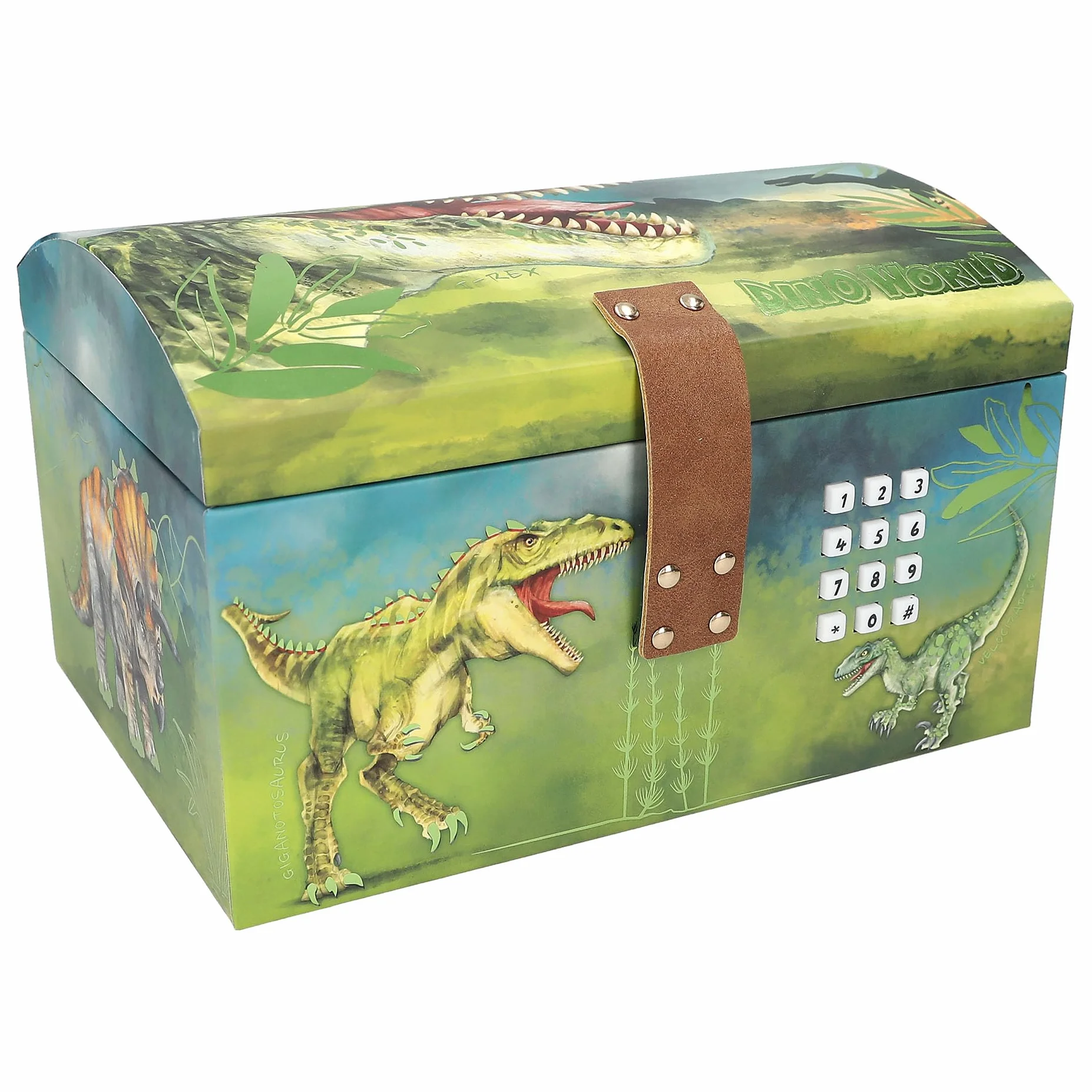 Depesche 12115 Dino World - Skrzynia skarbów z kodem, dźwiękiem i światłem, ok. 15 x 20 x 12,5 cm, pudełko na małe skarby i sekrety