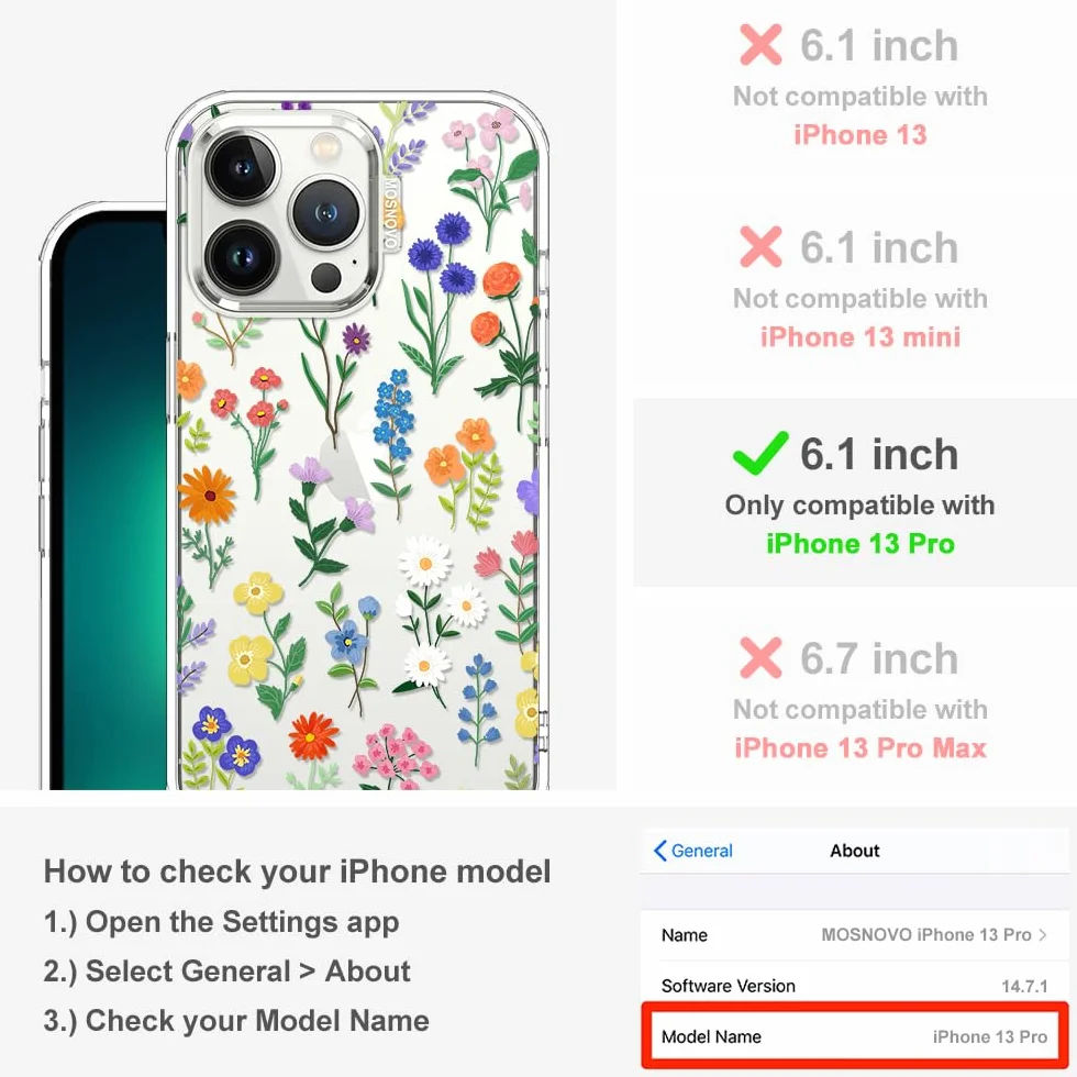 MOSNOVO Etui do iPhone'a 13 Pro - przezroczyste, smukłe, odporne na wstrząsy TPU + PC, [ochrona przed upadkiem/odklejanie] - botaniczny kwiatowy