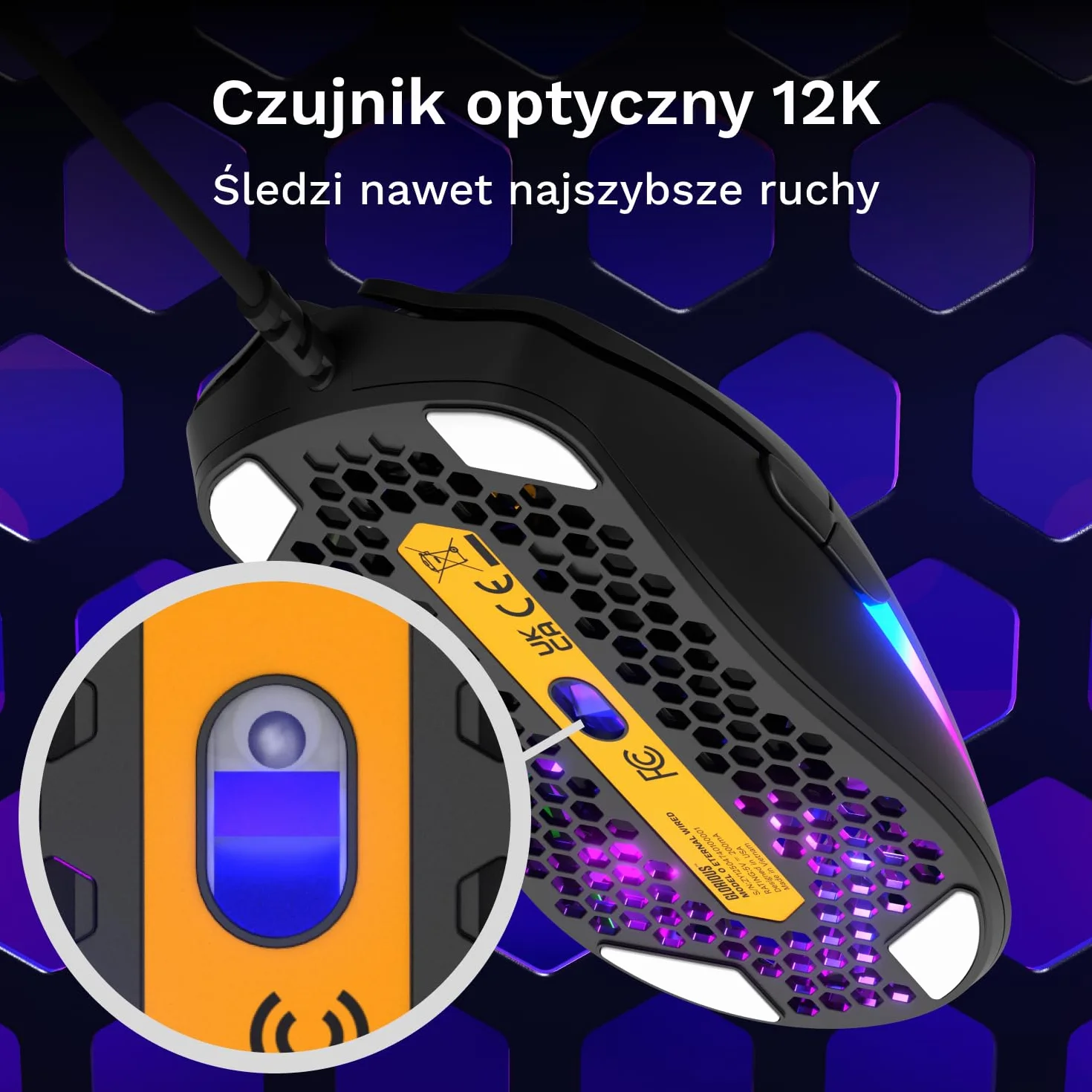 Glorious Model O Eternal – ultralekka mysz RGB – przewodowa – lekka (55g) – konfig. oświetlenie RGB – 6 konfig. przycisków – symetryczny design – czujnik opt. 12K DPI – PC/Mac – czarna