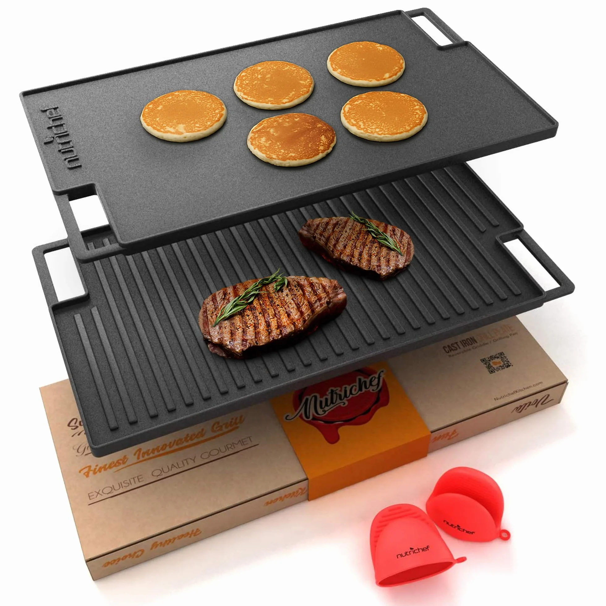 NutriChef Odwracalna płyta grillowa żeliwna – 45 cm płaska patelnia żeliwna do blatu kuchennego, patelnia do grilla gazowego z silikonową rękawicą kuchenną do kuchenki elektrycznej, ceramiki,