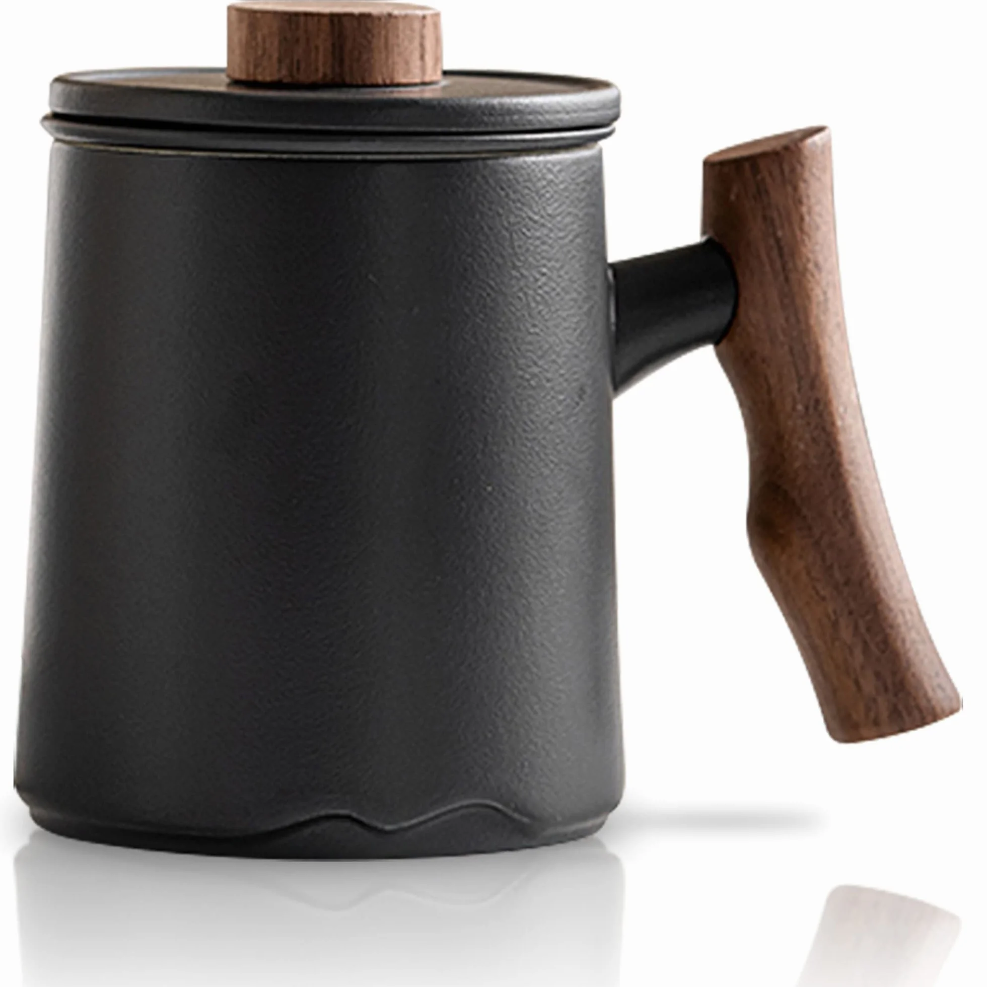 JanYoo Filiżanka do Herbaty z Pokrywką i Sitkiem, 360 ml, Uchwyt z Palisandru, Ceramiczna, Matowa, Kamionkowa, Glazurowana, Czarna