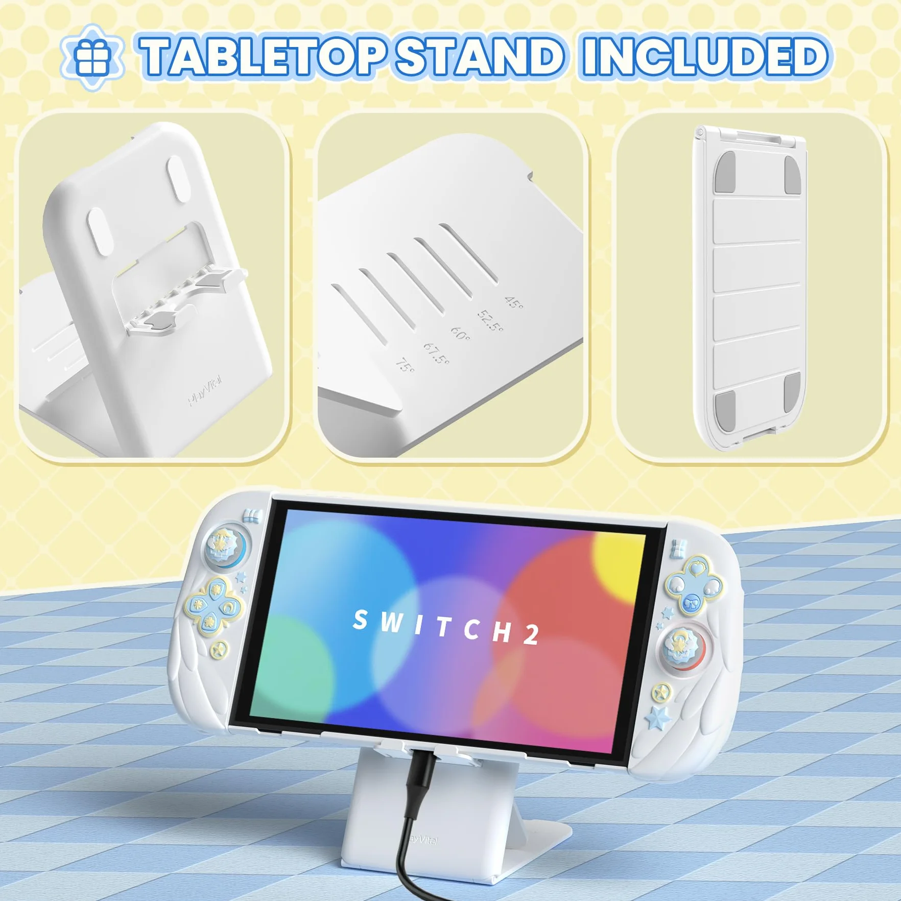 PlayVital Etui na Konsolę do Switch 2 Akcesorium z Silikonowymi Osłonami Joycon & Nakładkami na Joysticki do Switch 2,Dockowalne Ochronne-Biały, Styl Magiczne Skrzydła