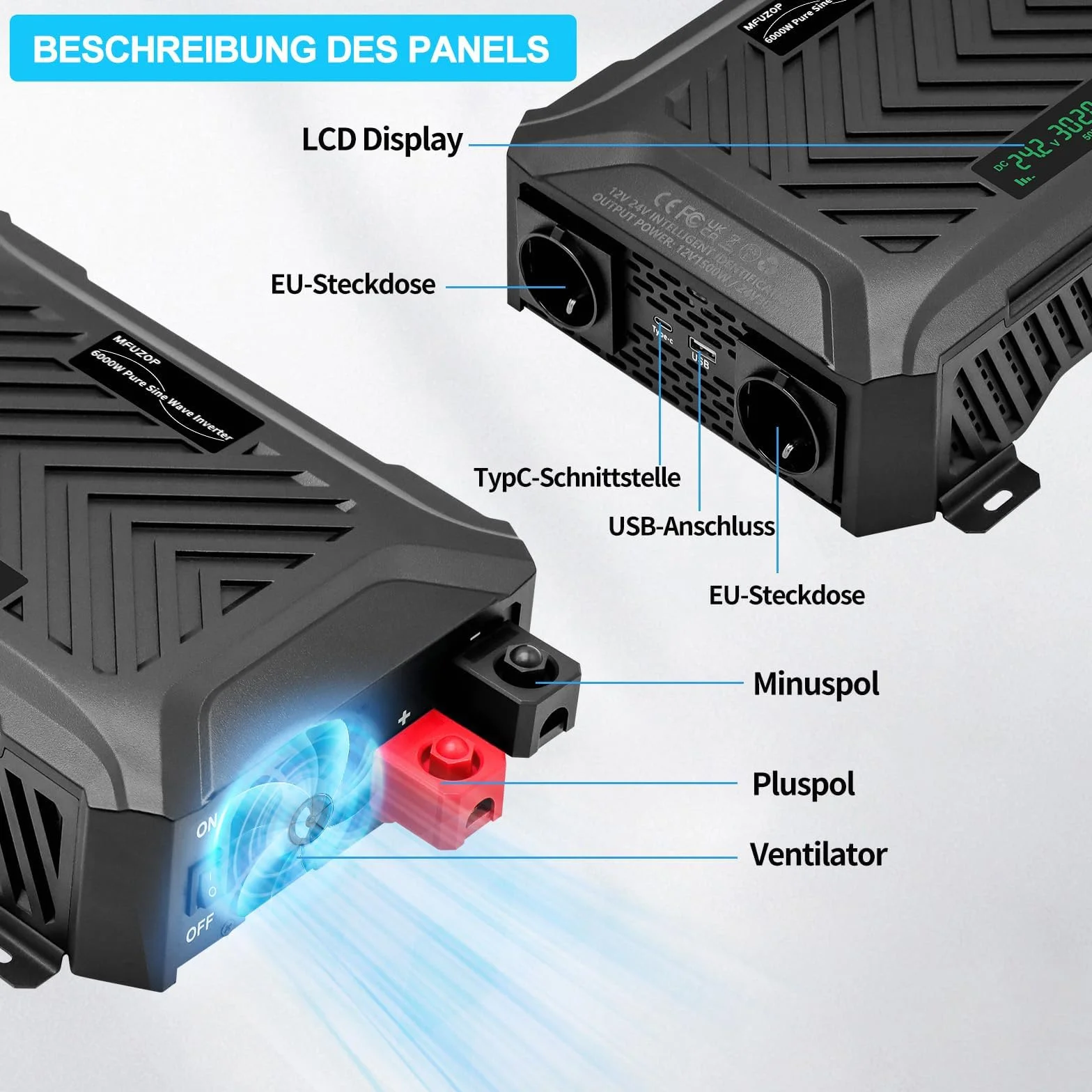DATOUBOSS Przetwornica napięcia 12 V/24 V na 230 V 1500 W/3000 W, falownik czysty sinus 3000 W/6000 W, moc szczytowa, z inteligentnym systemem rozpoznawania, wyświetlaczem LCD, 2 gniazda EU
