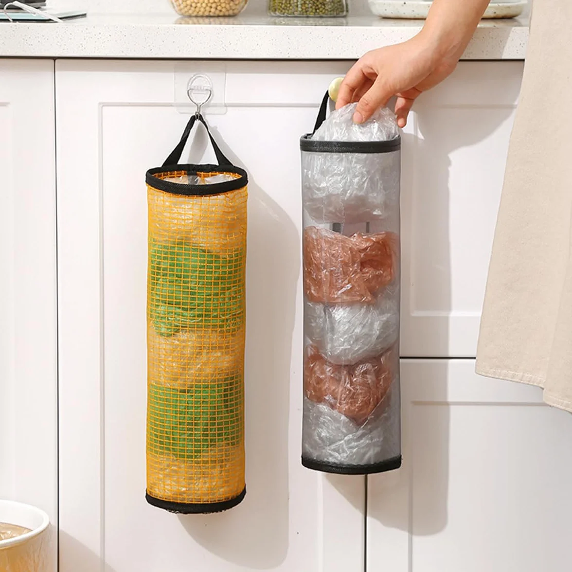 Pojemnik na worki kuchenne 3 pojemniki na śmieci z haczykami plastikowy wiszący organizer siatkowy