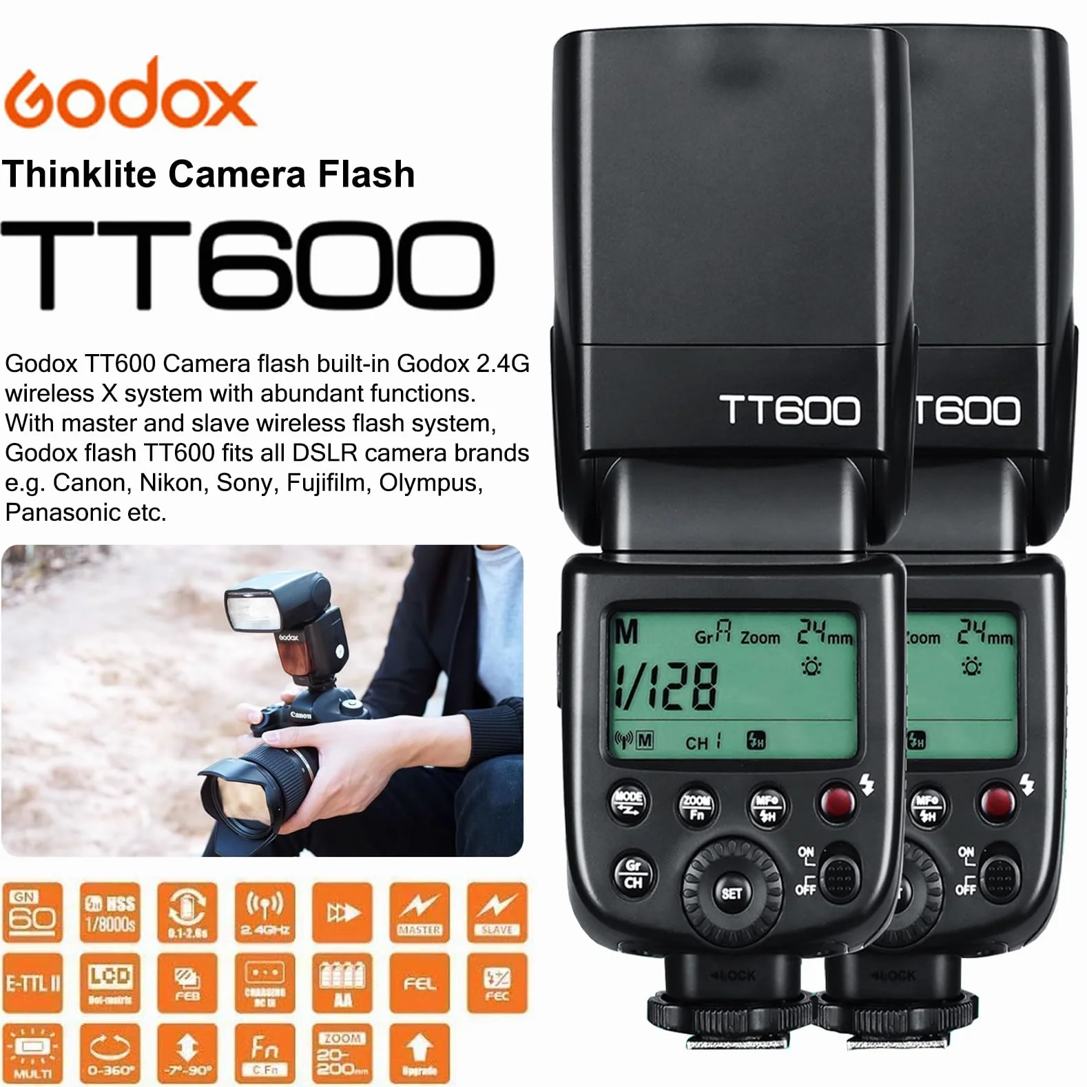 Godox TT600 Speedlite bezprzewodowa lampa błyskowa 2,4 G, master/slave, flash z wbudowanym systemem wyzwalania, do aparatów Canon, Nikon, Pentax, Olympus, Fujifilm, Panasonic
