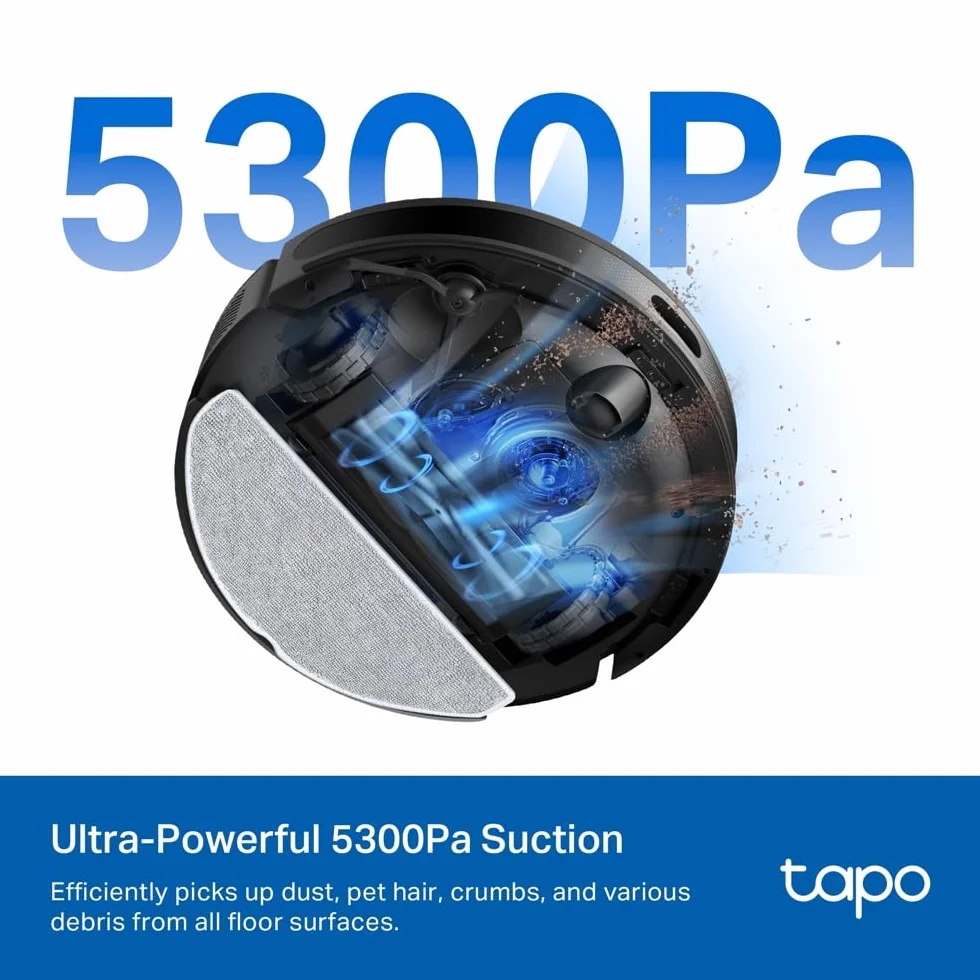 TP-Link Tapo RV20 Max Plus – Robot odkurzająco-mopujący 5300Pa z automatycznym opróżnianiem, nawigacją LiDAR, mapowaniem pięter, sterowaniem aplikacją i głosem – idealny do sierści i twardych podłóg