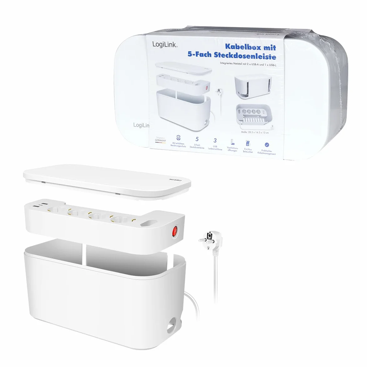 LogiLink LPS281U - skrzynka kablowa z 5 gniazdami wtykowymi, w zestawie 3 x USB, kolor: biały