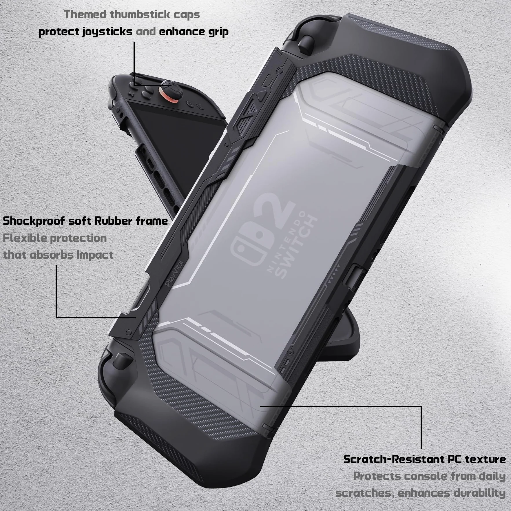 PlayVital Meteor Etui do Switch 2 Ochronny Pokrowiec do Switch 2 z Uchwytem Joycon,Dockable Osłona z Nakładkami na Joysticki–Czarny