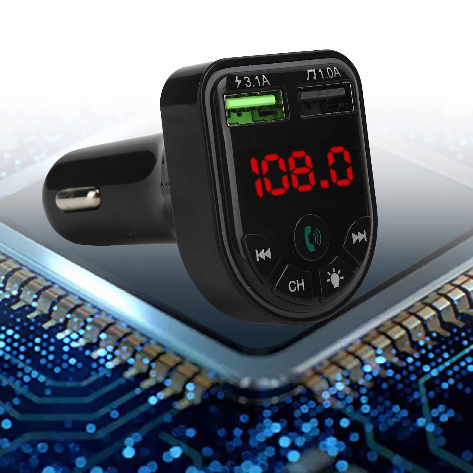 Samochodowy Nadajnik FM Bluetooth, Samochodowy Nadajnik FM Bluetooth 5.0 Odtwarzacz MP3 USB2.0 Ładowanie Telefonu z Kolorowym Oświetleniem Otoczenia, do Jazdy