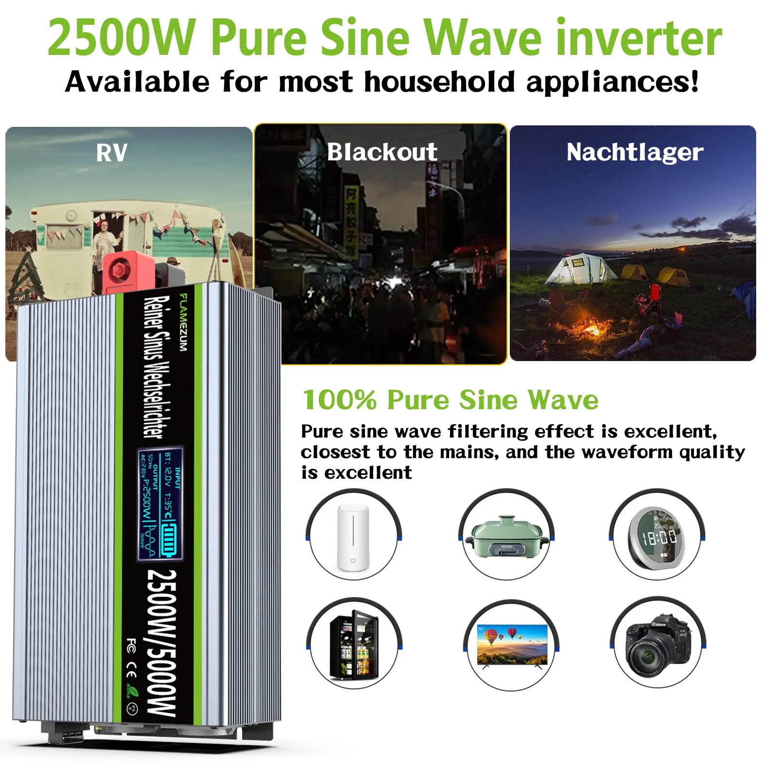 Falownik 12V 230V Czysty Sinus 2500W Przetwornica Napięcia z Pilotem Zdalnego Sterowania i Ekranem LCD & 2 Gniazdkami UE & 2 Port USB Solar Power Inverter do Samochodu,Przyczepy kempingowej,łodzi,na kemping