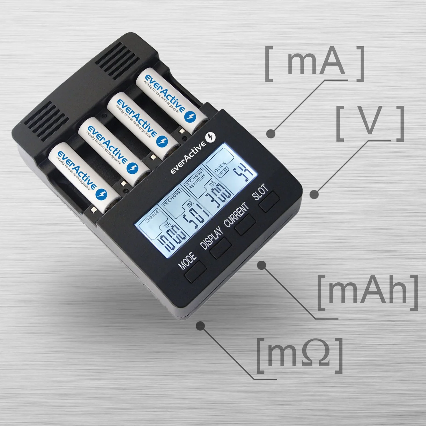 everActive Ładowarka do 4 akumulatorów AAA AA, profesjonalny i szybki, wyświetlacz LCD, test pojemności, wewnętrzny test oporu, model: NC-3000