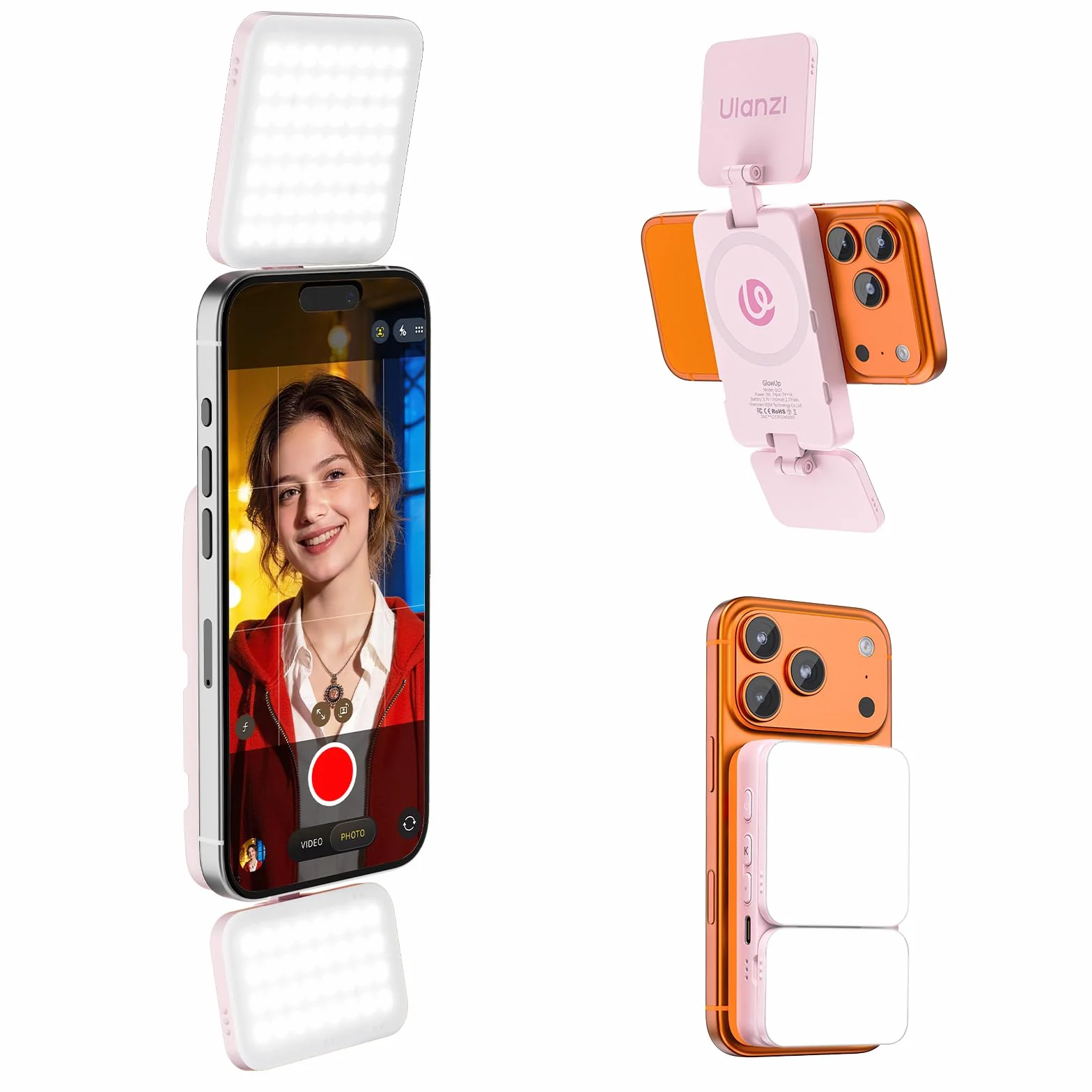 ULANZI GL01 [Aktualizacja 2026] Magnetyczna lampa do selfie do iPhone'a, dwa kwadratowe panele LED, wysuwany trzonek, ściemnialna w zakresie 2500-6500 K, kompatybilna z iPhone/Samsung (Różowy)