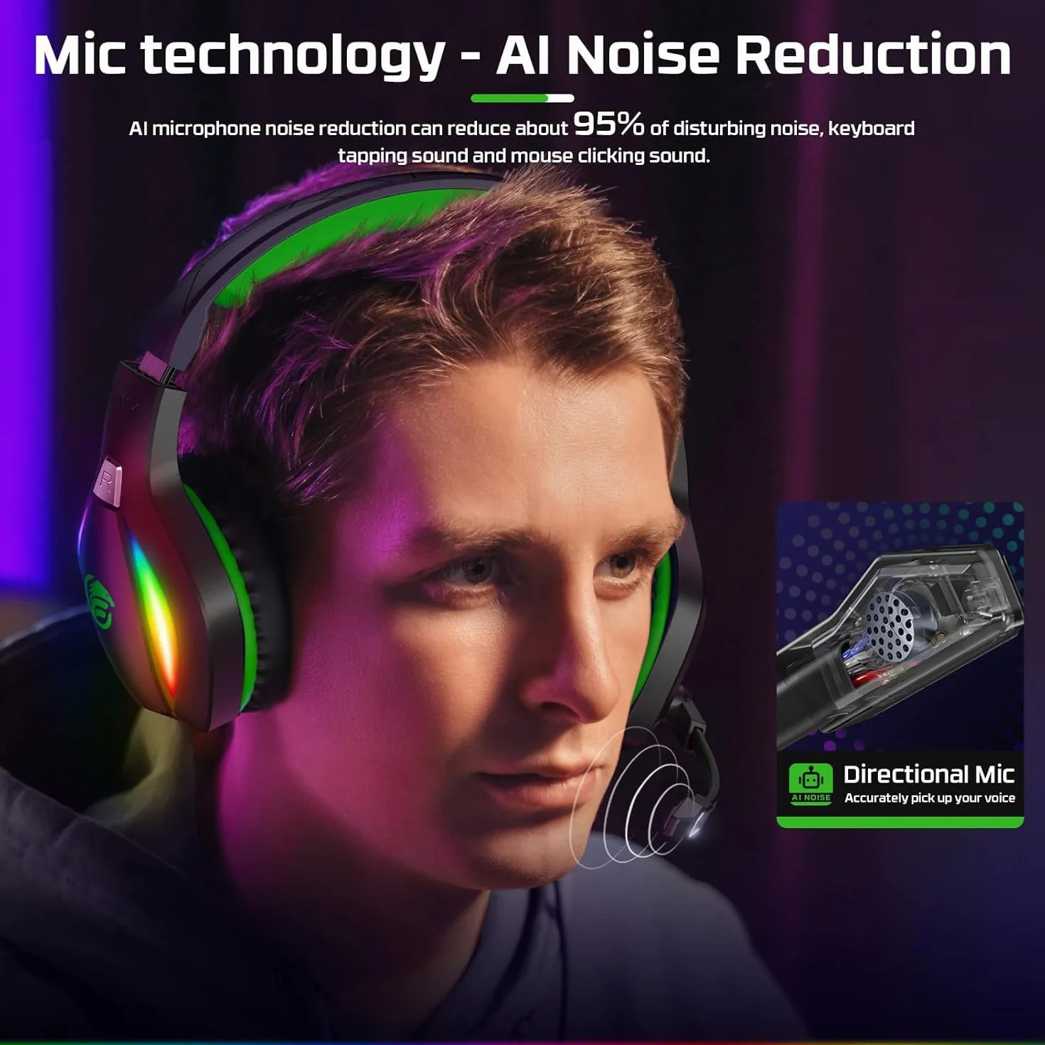 Fachixy FC100 Zestaw słuchawkowy do gier PS4/PS5/PC/Xbox/Nintendo Switch, zestaw słuchawkowy Xbox z jasnym RGB, zestaw słuchawkowy PS5 z mikrofonem, słuchawki do pisania szumów (zielony) (zielony)