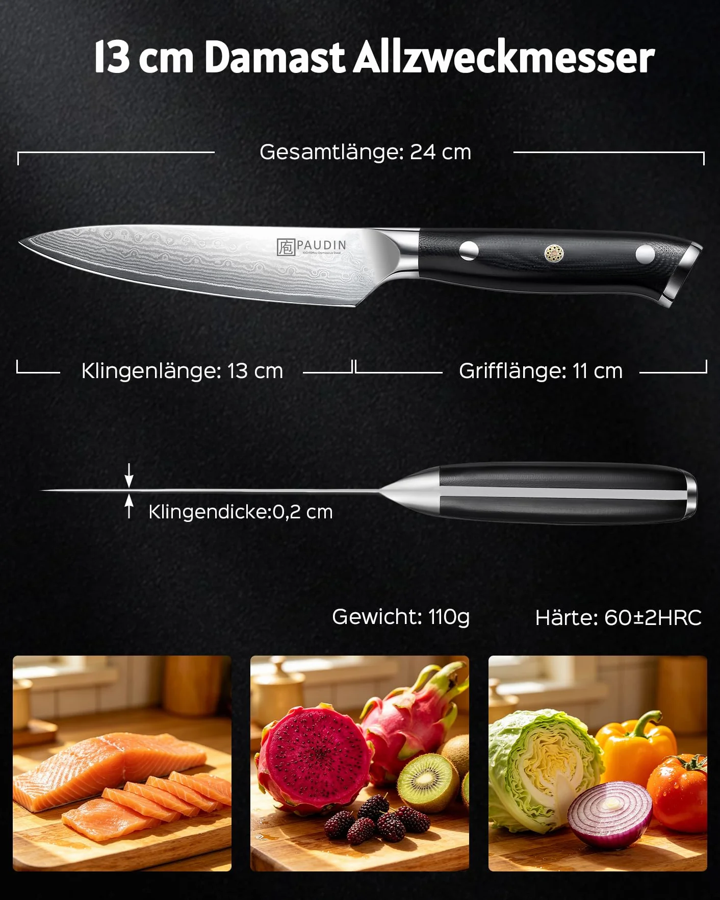 PAUDIN Nóż damasceński 13 cm nóż uniwersalny nóż szefa kuchni nóż szefa kuchni profesjonalny nóż kuchenny ostry nóż z ergonomiczną rękojeścią G10 ze stali damasceńskiej do ryb warzywa owoce mięso