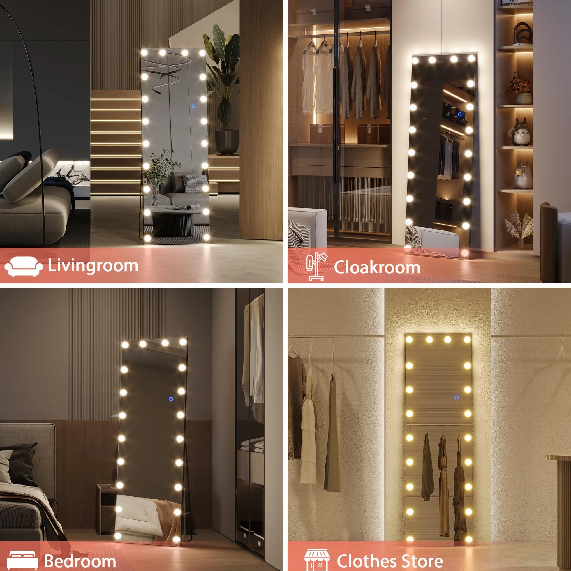 LVSOMT Lustro stojące na całe ciało z diodami LED, 155 x 50 cm, z oświetleniem, czarne