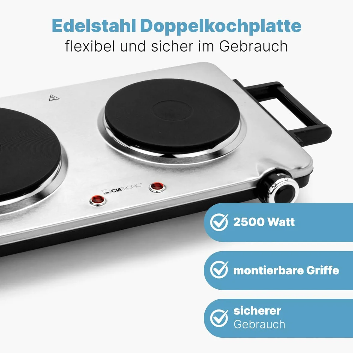 Clatronic DKP 3668 E podwójna płyta grzewcza, stal nierdzewna, 2500 W