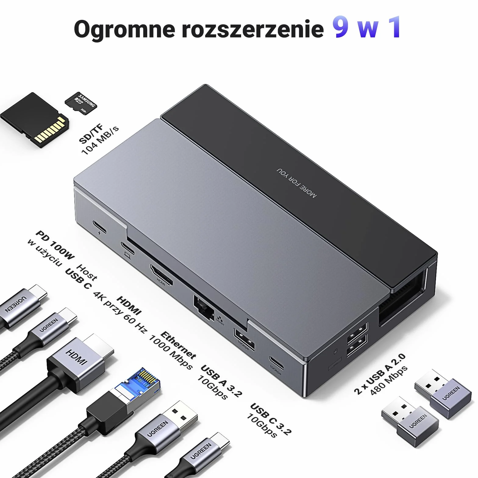 UGREEN Steam Deck Dock Stacja dokująca 9 w 1 4K@60Hz HDMI 10Gbps USB Ports Regulowany stojak Kompatybilny z Steam Deck OLED, ASUS ROG Ally, Lenovo Legion Go, MSI Claw, iPad Air/Pro, MacBook itp.