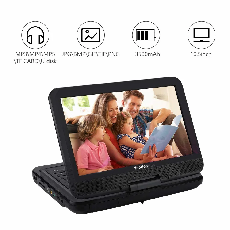 YOOHOO Przenośny odtwarzacz DVD 12,5" z obrotowym ekranem HD o przekątnej 10,5" o 270° z akumulatorem, zasilacz sieciowy obsługuje wszystkie regiony, wiele regionów, samochodowe odtwarzacze