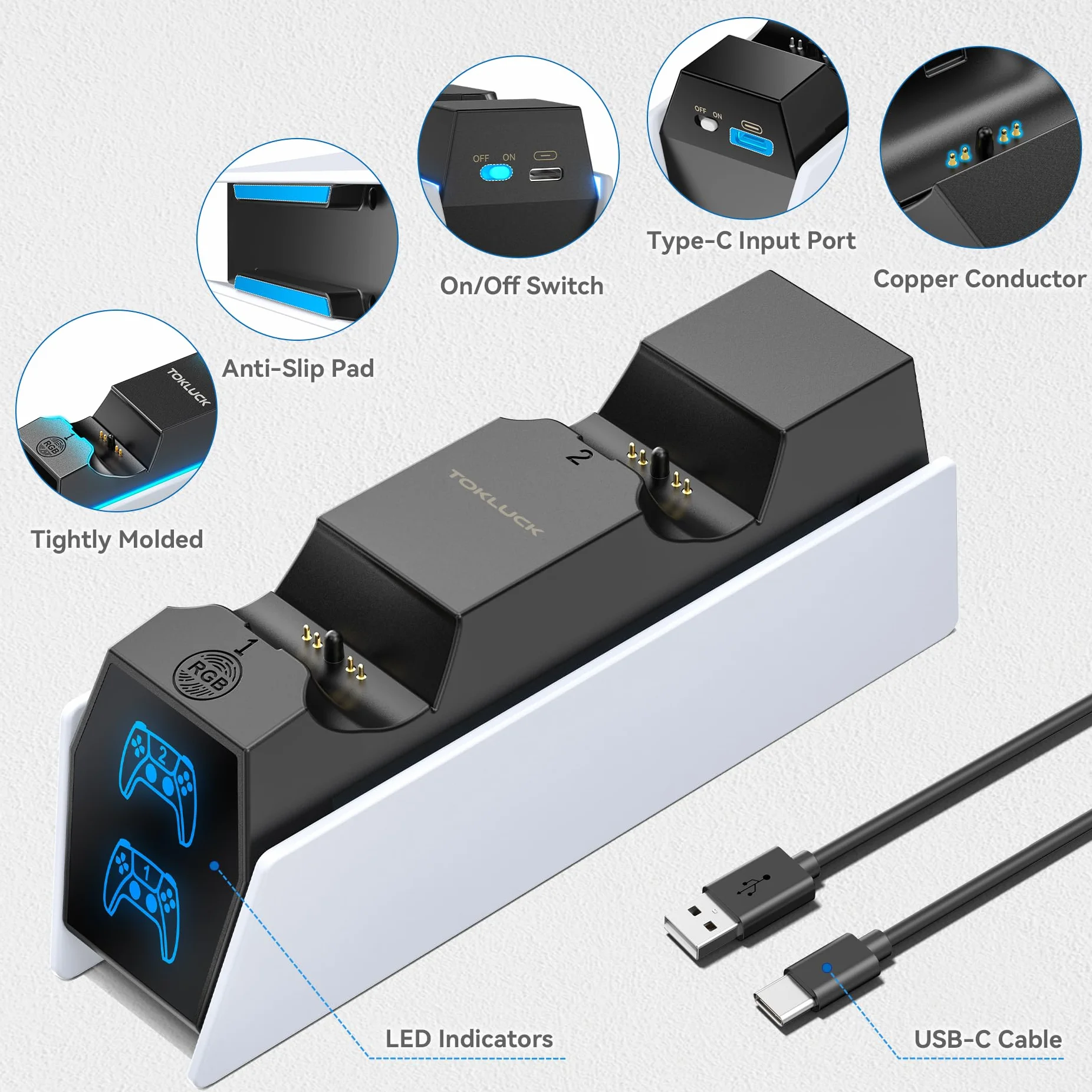 Tokluck Stacja ładująca do kontrolera PS5, kompatybilna z Playstation 5 Edge i podwójnym kontrolerem, stacja ładująca do gier z kablem, ochraniacz PlayStation Stacja dokująca ze wskaźnikami LED, biała