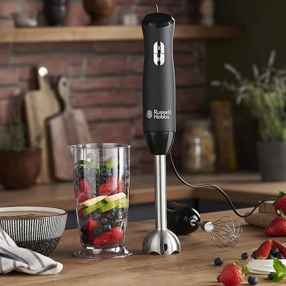 Russell Hobbs blender ręczny, 3w1, nasadka miksująca, pojemnik z ostrzem miksującym, pojemność pojemników 0,5l i 0,7l, ubijanie, mieszanie, moc 500W, czarny, Matte Black 24702-56