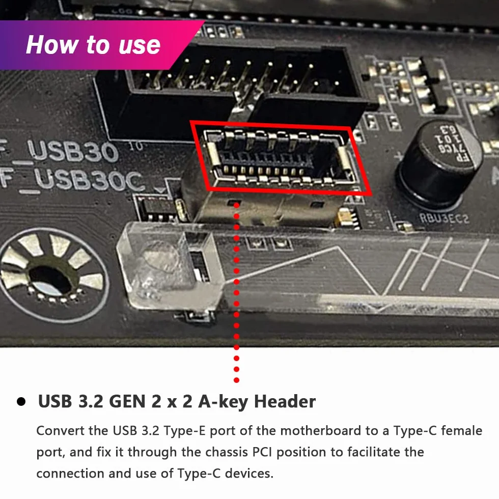 Adapter USB 3.2 Gen 2 USB-C do panelu przedniego, do płyty głównej, żeński USB C do 20 pinów, typ E A-Key męski z uchwytem PCI, 15,7", z siatką odporną na dustproof bok, Screw