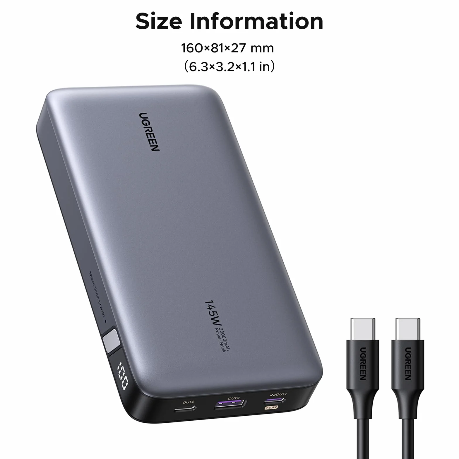 UGREEN Power Bank 140W Zewnętrzna bateria 145W Max 25000mAh z 3 portami USB C z cyfrowym wyświetlaczem, kompatybilny z MacBookiem Pro/Air, iPhonem 15 Pro Max/Pro/15/14 Pro, Galaxy S23 Ultra, Dell